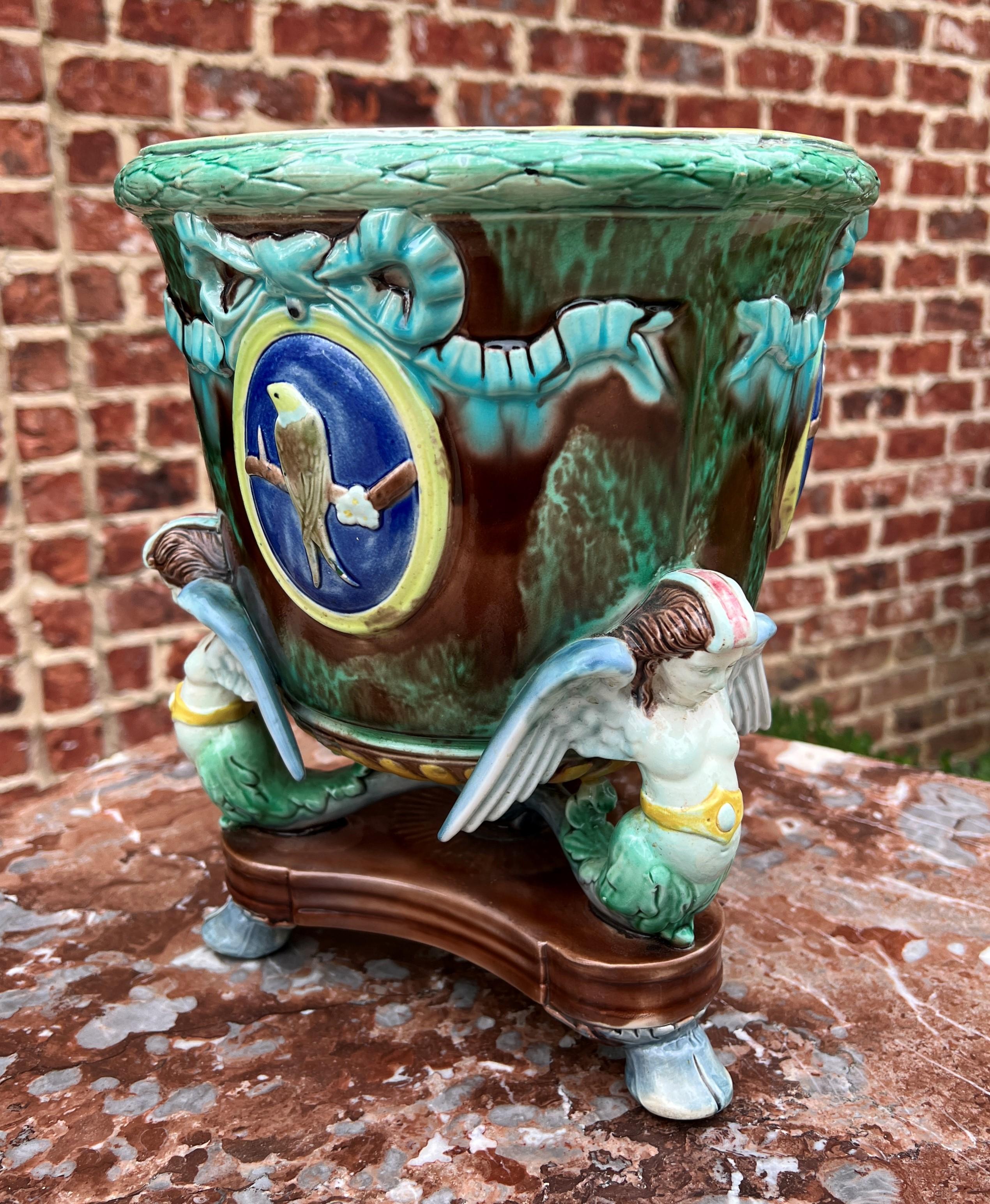 Fired Antique French Majolica Cache Pot Planter Bowl Footed Jardiniere Angels Birds For Sale