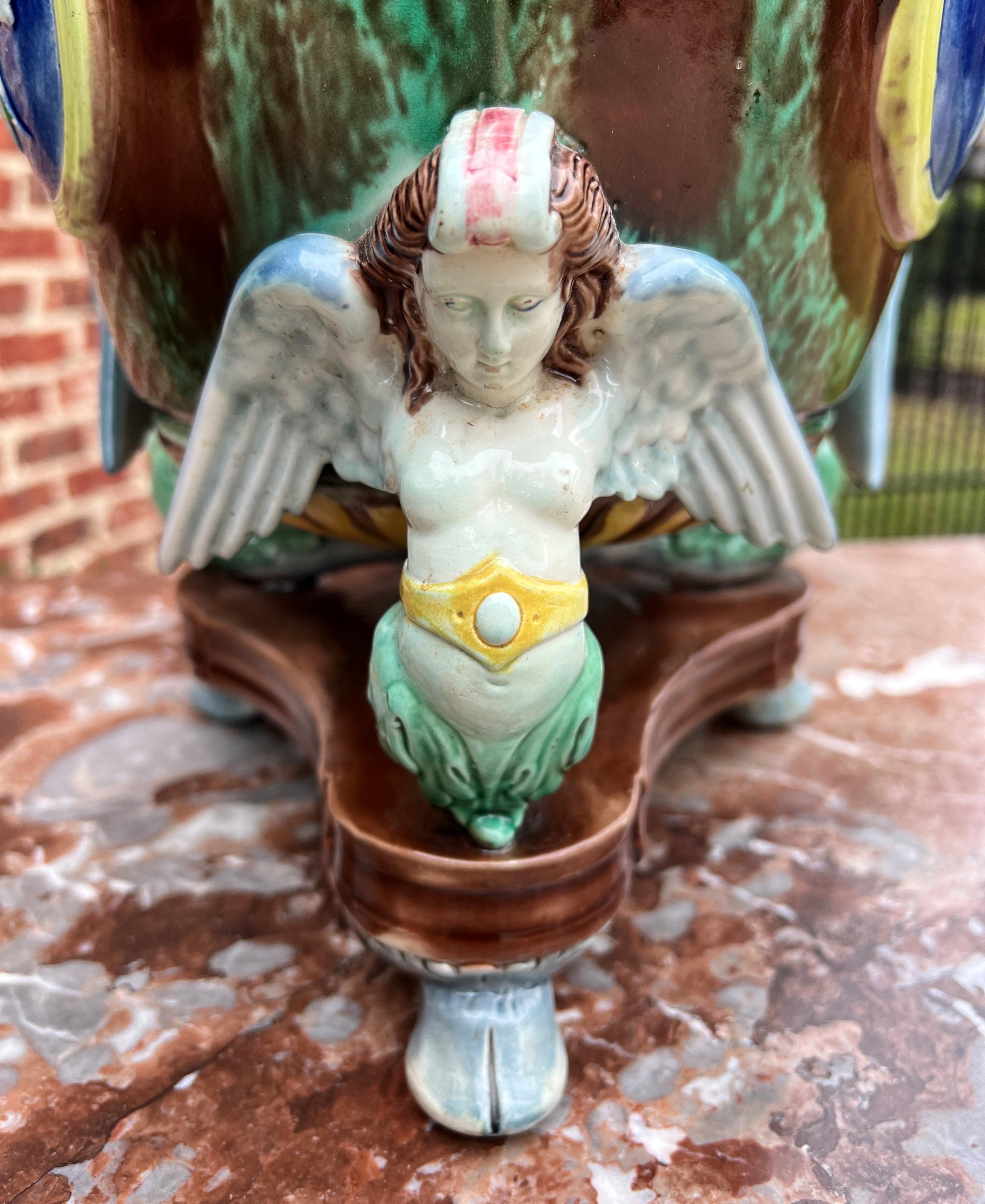 Antique French Majolica Cache Pot Planter Bowl Footed Jardiniere Angels Birds For Sale 1