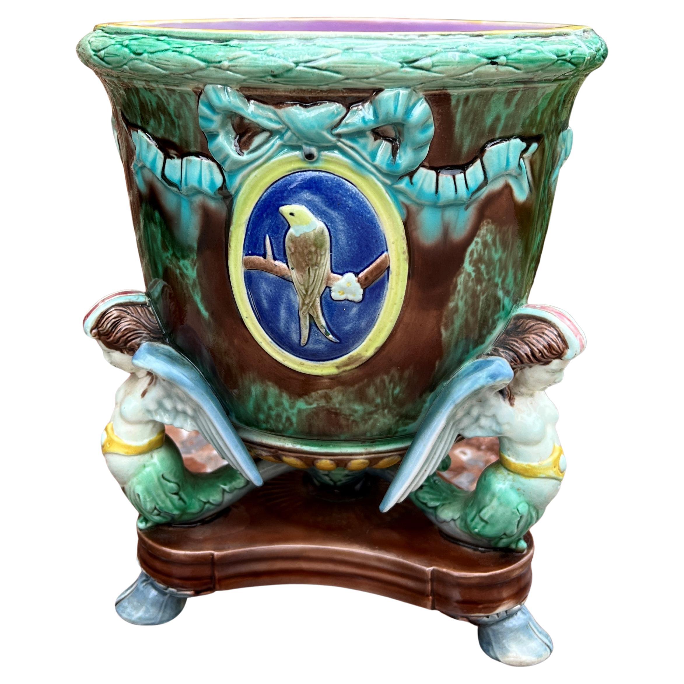 Antique French Majolica Cache Pot Planter Bowl Footed Jardiniere Angels Birds For Sale