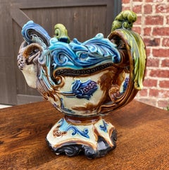 Antique French Majolica Cache Pot Planter Flower Pot Jardiniere Vase c1900 Rams