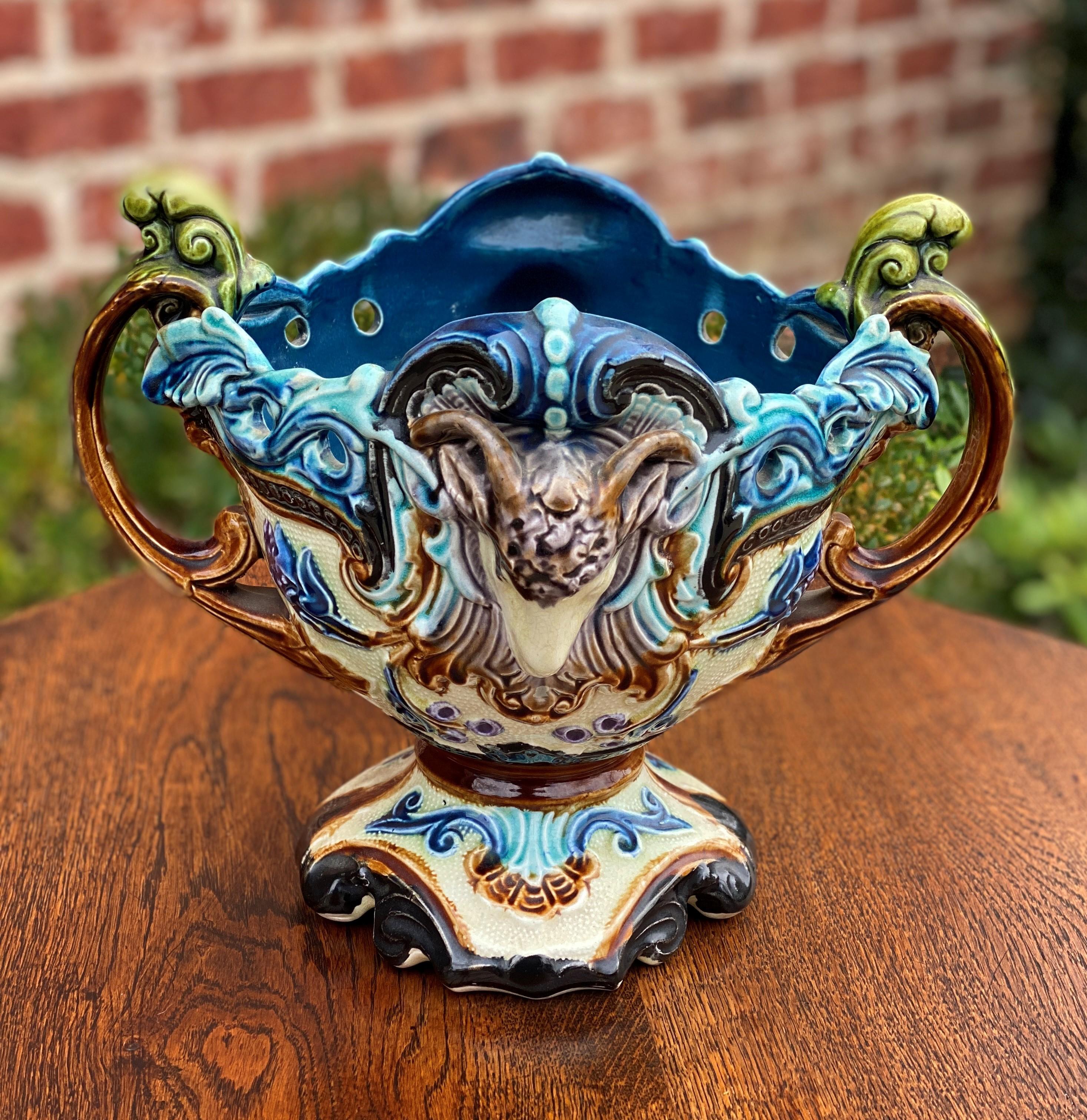 Fired Antique French Majolica Cache Pot Planter Flower Pot Jardiniere Vase c1900 Rams