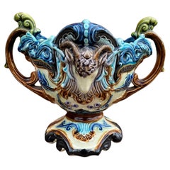 Antike französische Majolika-Blumentopf-Pflanzgefäß-Jardinière-Vase, um 1900, Widder