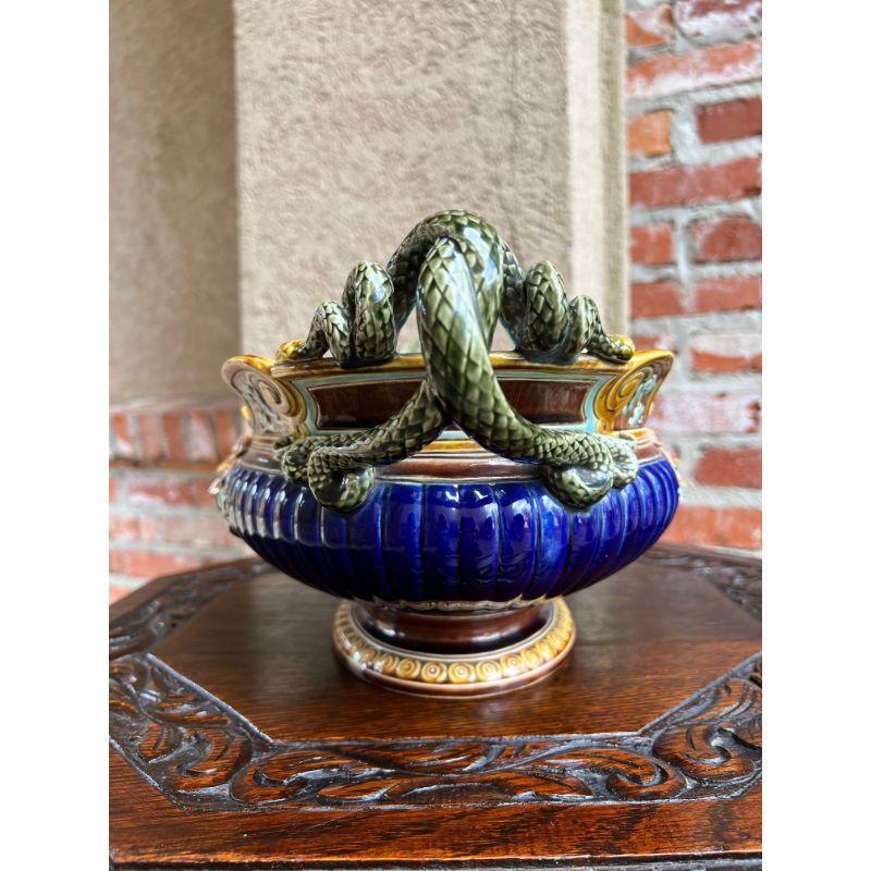 Hand-Painted Antique French Majolica Cache Pot Planter Jardiniere Sarreguemines Snake & Lion