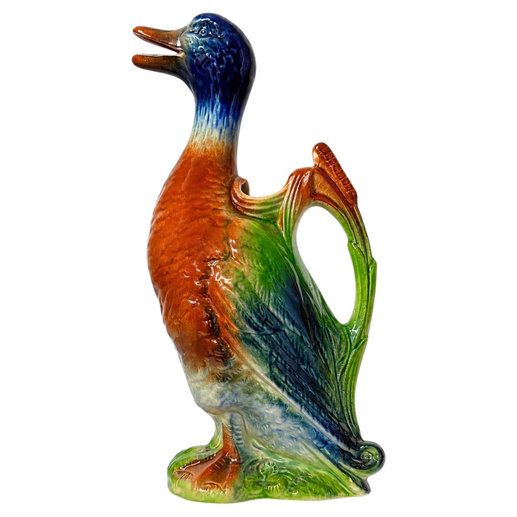 Antique French Majolica Pitcher by Saint Clément, Duck Form, 1920