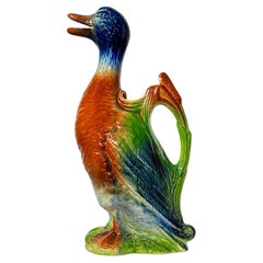 Antique French Majolica Duck Pitcher di Saint Clément, 1920