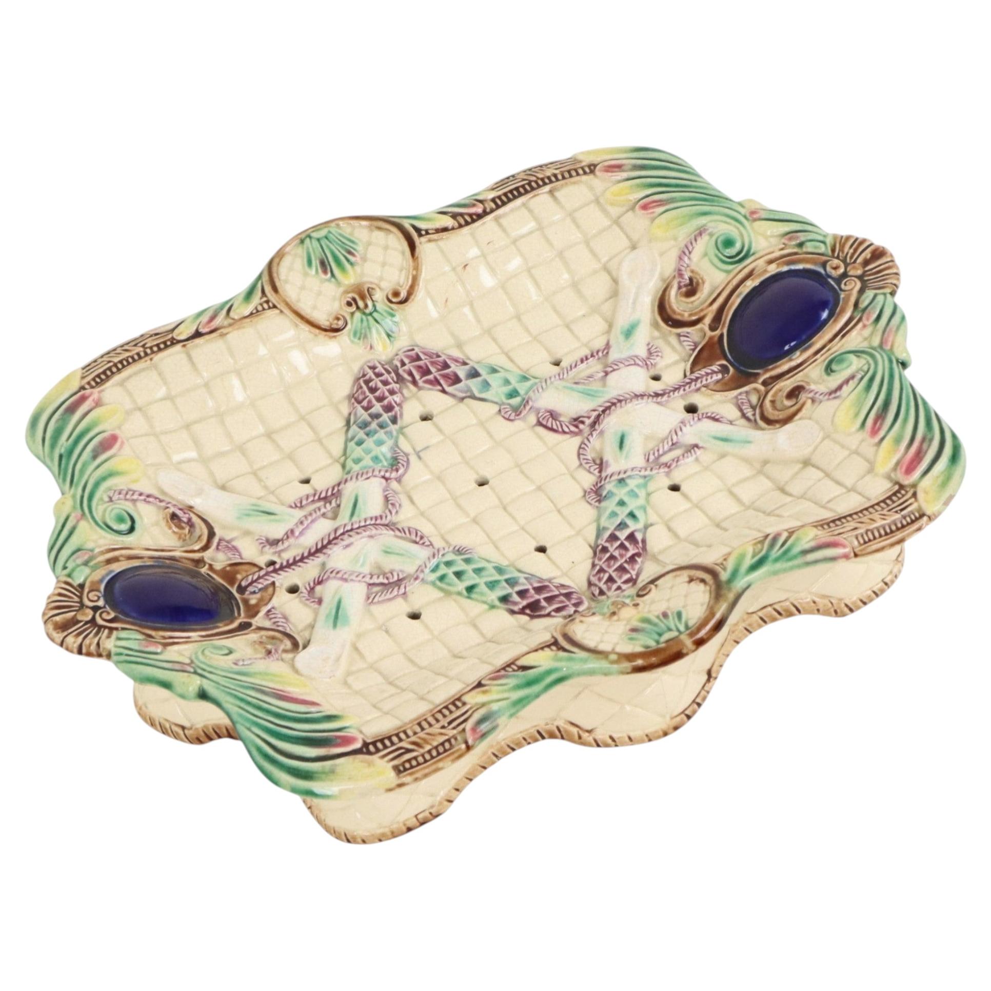 Antique French Majolica Earthenware Asparagus Plate, 19th Century