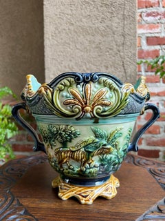 Antique French Majolica Jardinière Onnaing Tiger Monkey Jungle Cache Pot Planter