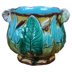 Antique French Majolica Morning Glory Leaves Cachepot Jardiniere Planter 10"