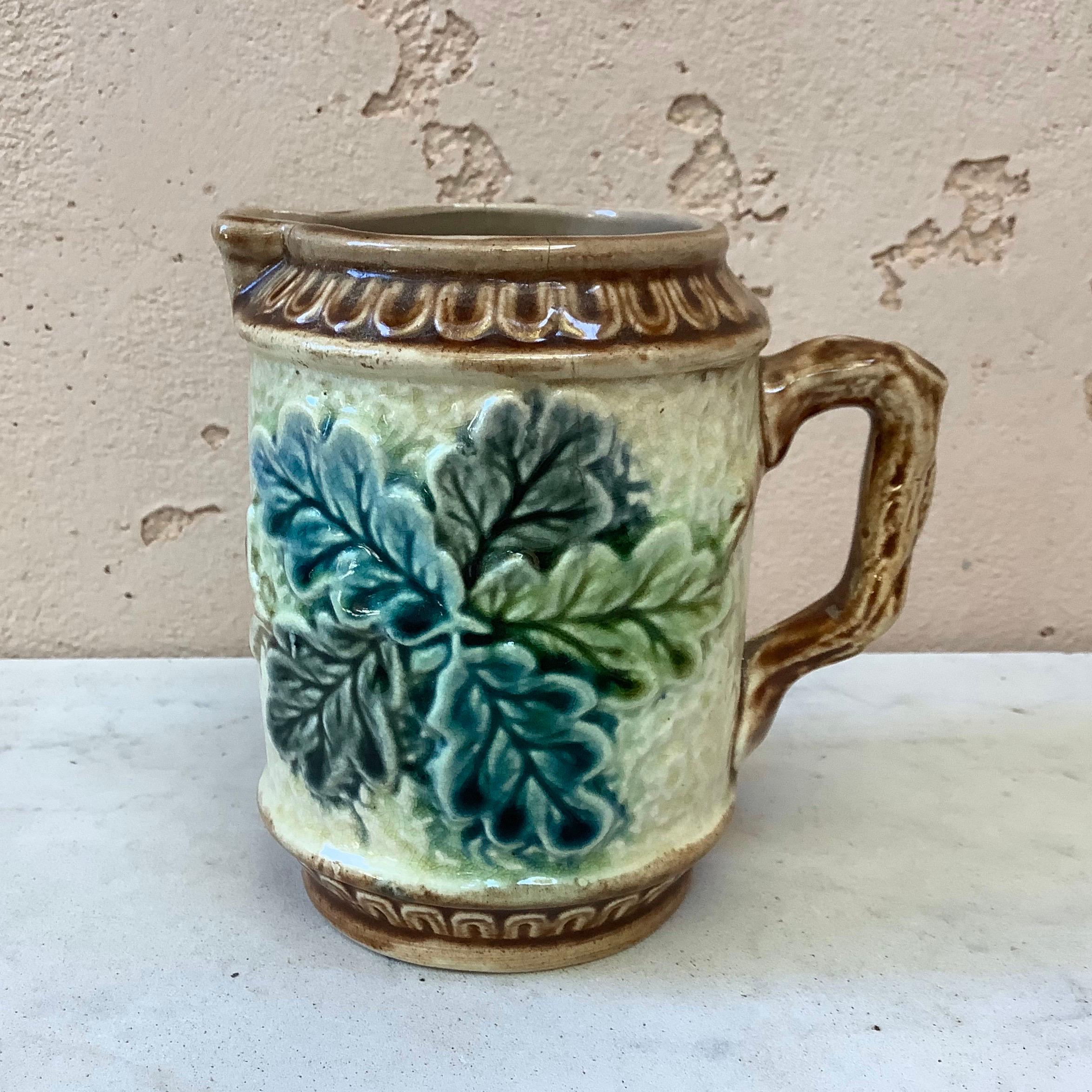 Rustic Antique French Majolica Oak Leaves Pitcher, circa 1880