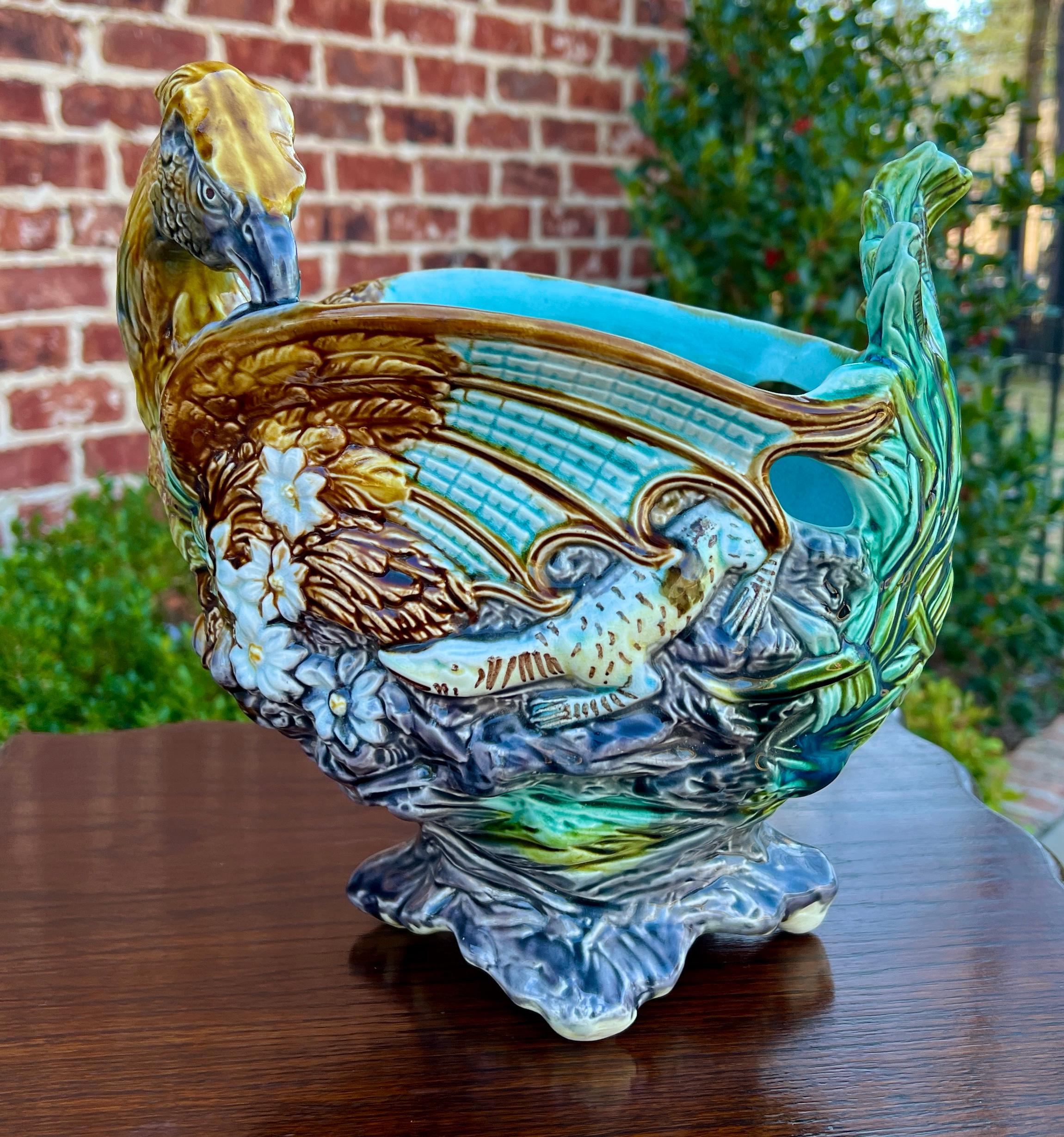 Antique French Majolica Onnaing Cache Pot Planter Bowl Jardiniere Phoenix Bird For Sale 4
