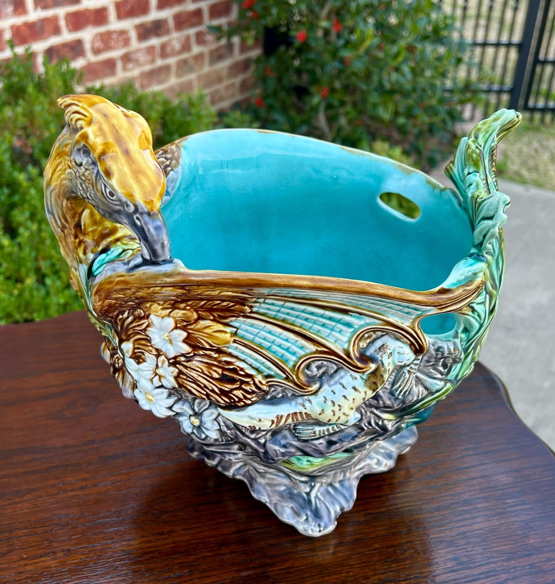 Antique French Majolica Onnaing Cache Pot Planter Bowl Jardiniere Phoenix Bird For Sale 5