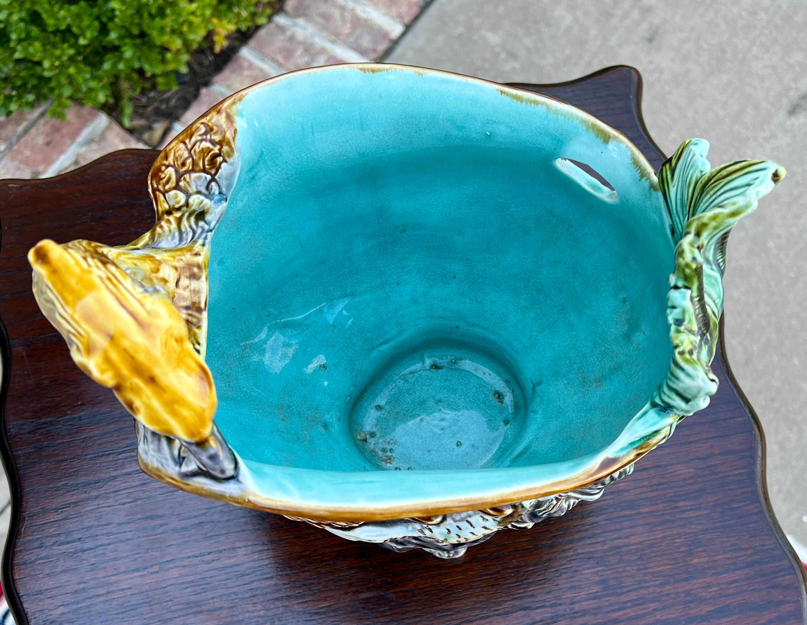 Antique French Majolica Onnaing Cache Pot Planter Bowl Jardiniere Phoenix Bird For Sale 6
