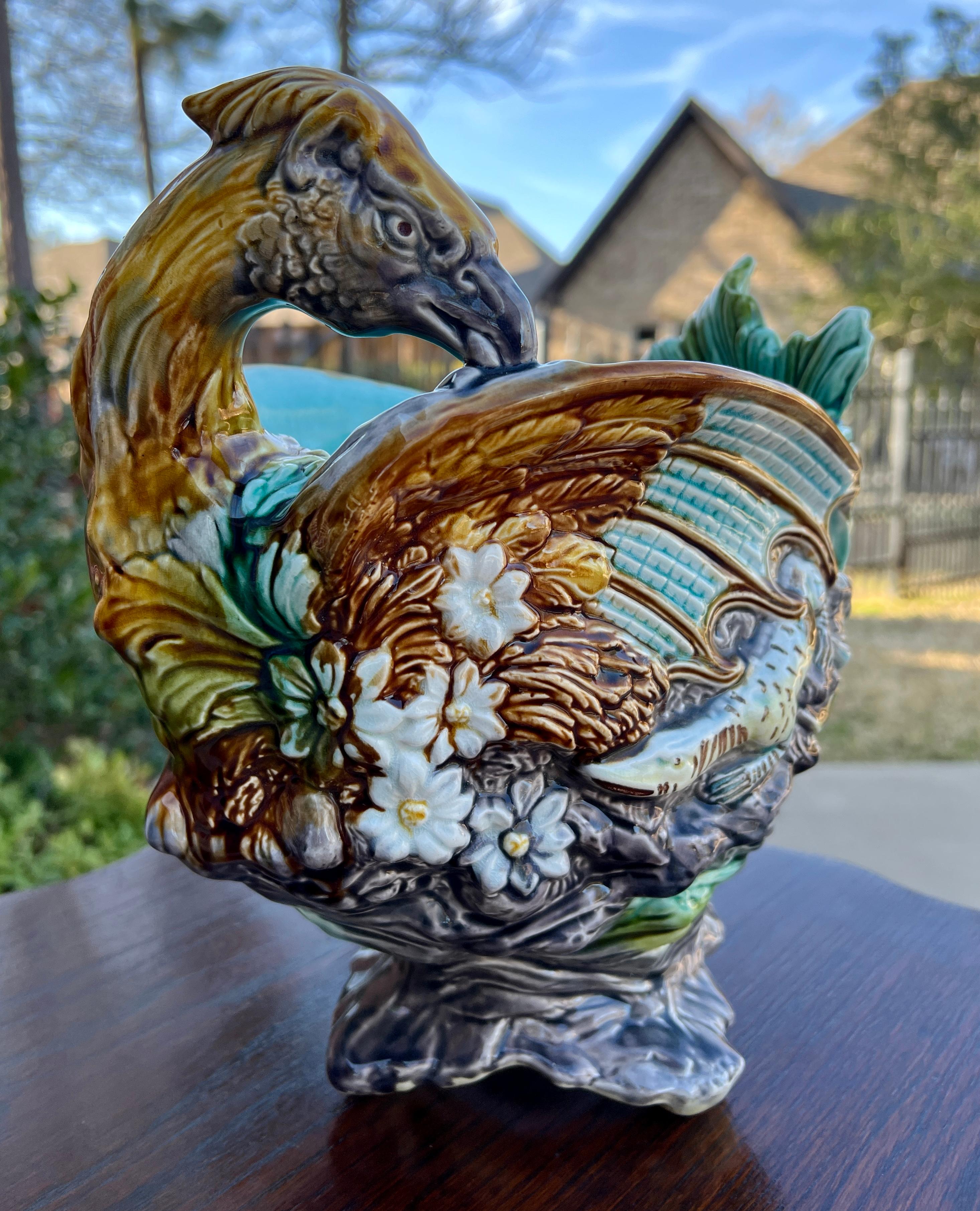 Antique French Majolica Onnaing Cache Pot Planter Bowl Jardiniere Phoenix Bird For Sale 7