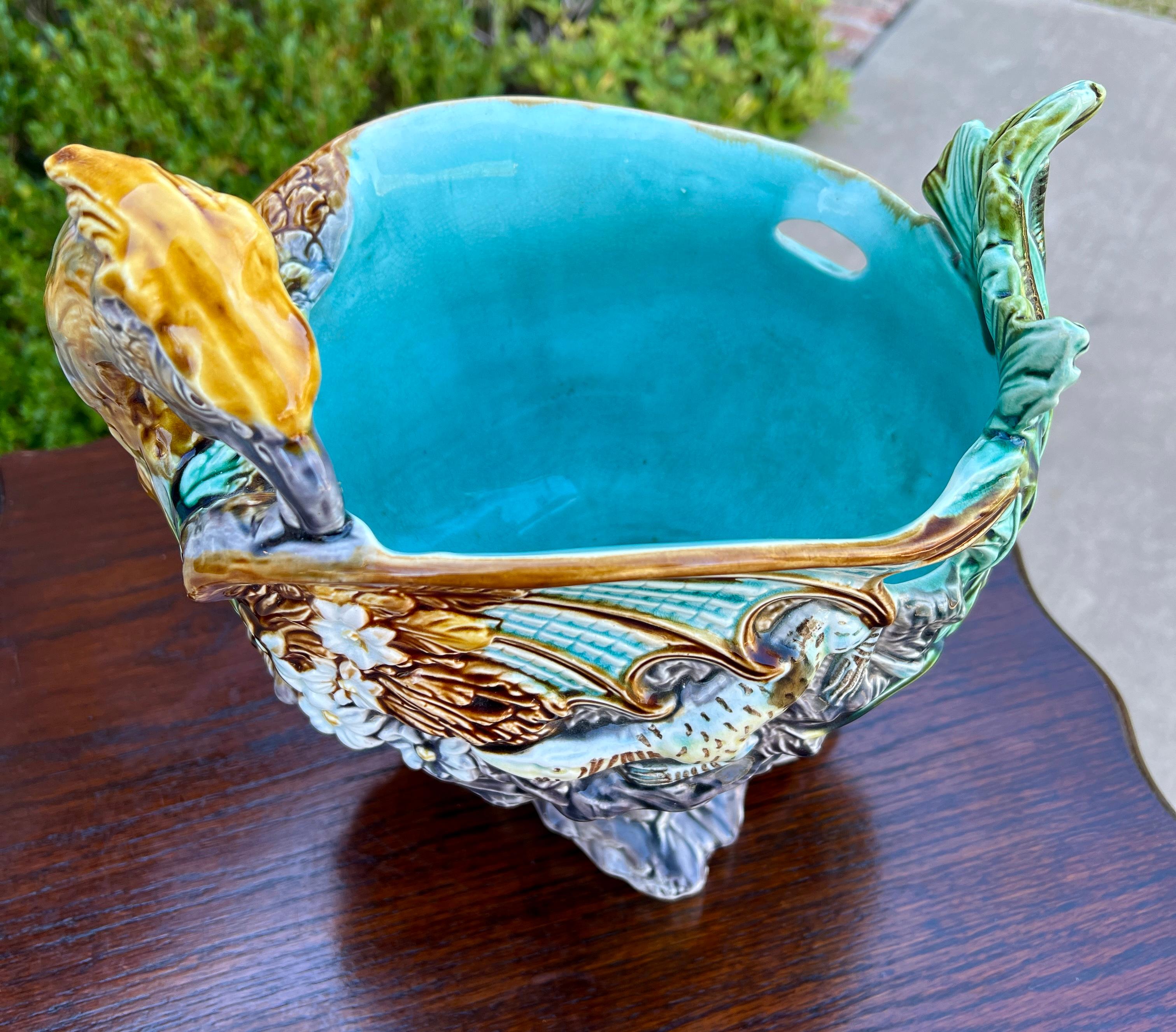 Antique French Majolica Onnaing Cache Pot Planter Bowl Jardiniere Phoenix Bird For Sale 8