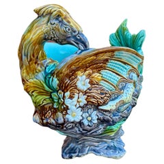 Antique French Majolica Onnaing Cache Pot Planter Bowl Jardiniere Phoenix Bird