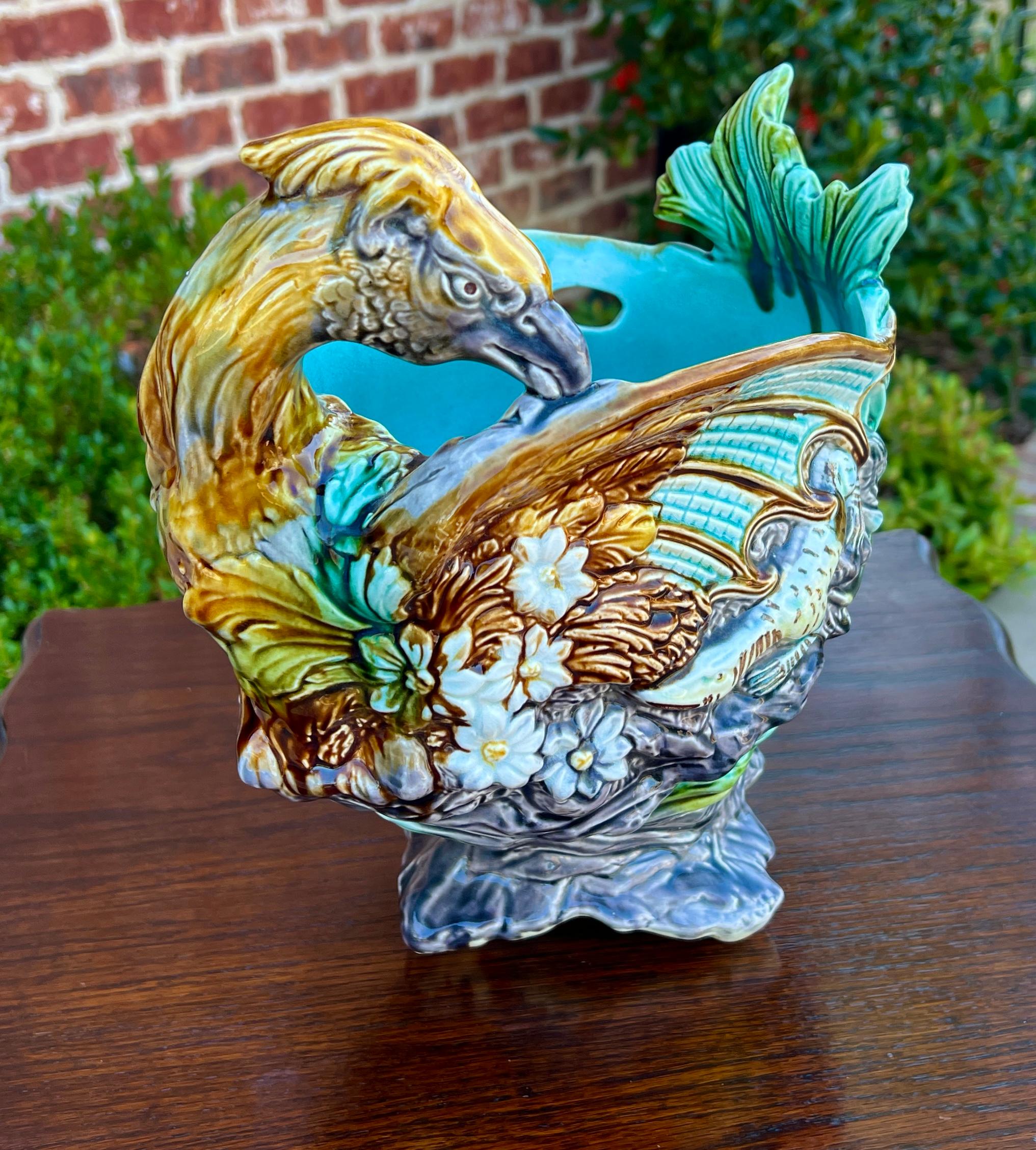Victorian Antique French Majolica Onnaing Cache Pot Planter Bowl Jardiniere Phoenix Bird For Sale