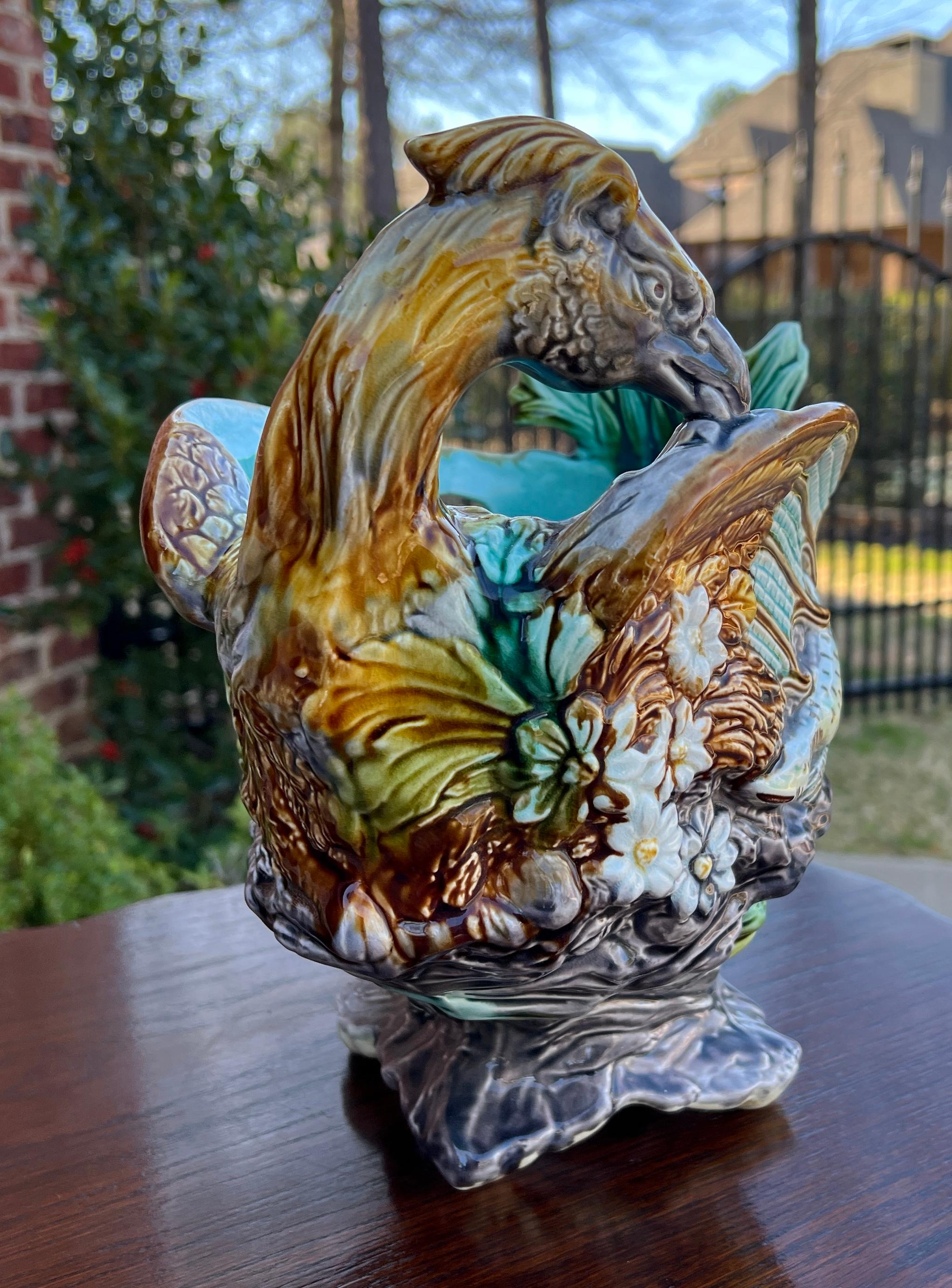 Fired Antique French Majolica Onnaing Cache Pot Planter Bowl Jardiniere Phoenix Bird For Sale