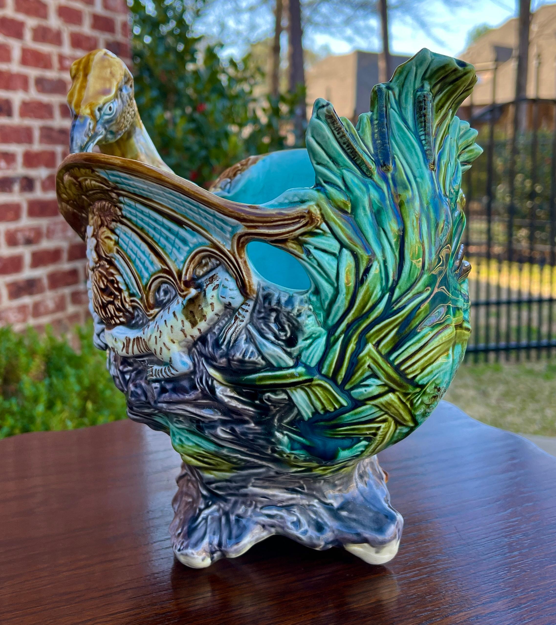 Antique French Majolica Onnaing Cache Pot Planter Bowl Jardiniere Phoenix Bird In Good Condition For Sale In Tyler, TX