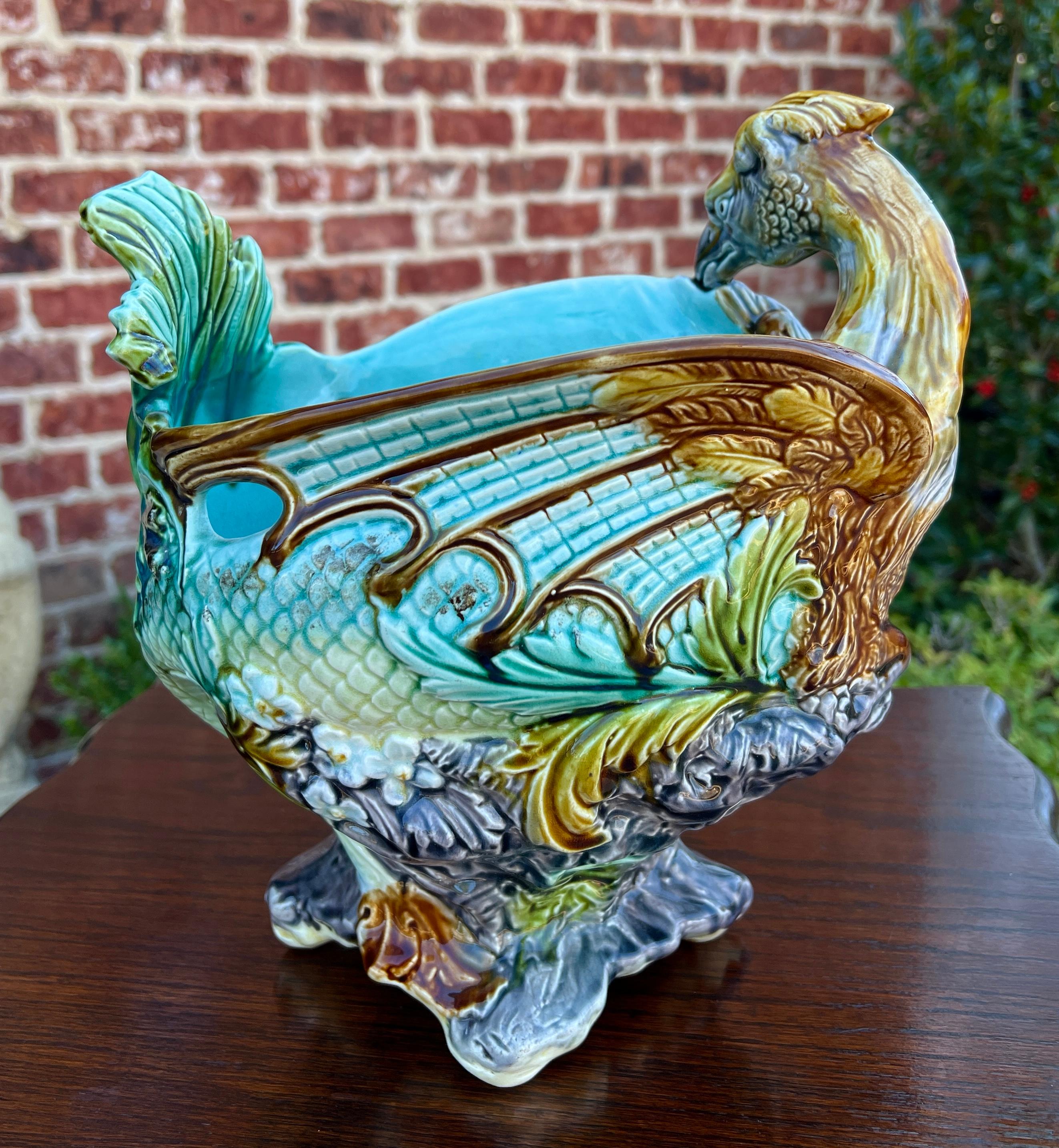 Late 19th Century Antique French Majolica Onnaing Cache Pot Planter Bowl Jardiniere Phoenix Bird For Sale