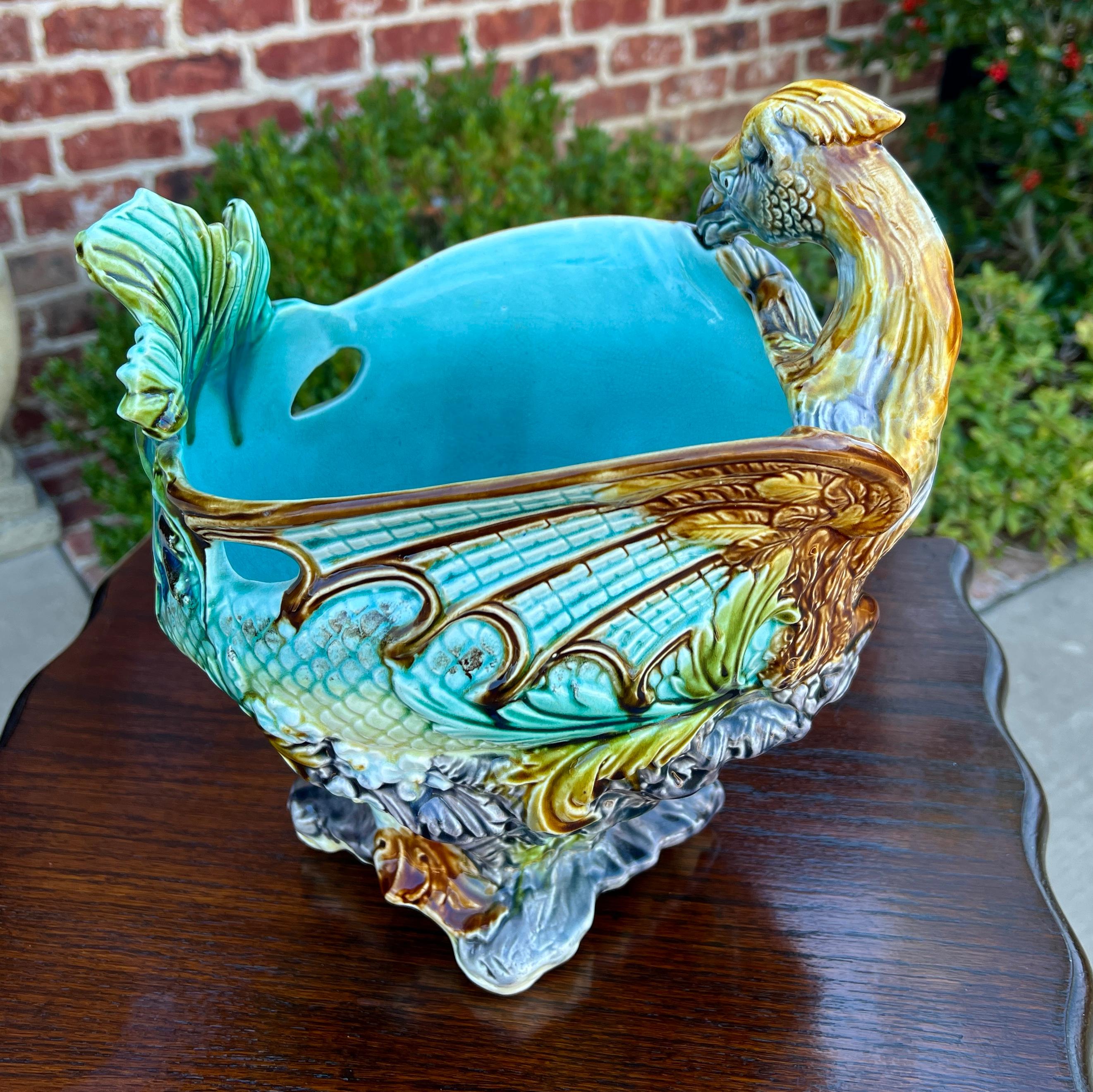 Pottery Antique French Majolica Onnaing Cache Pot Planter Bowl Jardiniere Phoenix Bird For Sale
