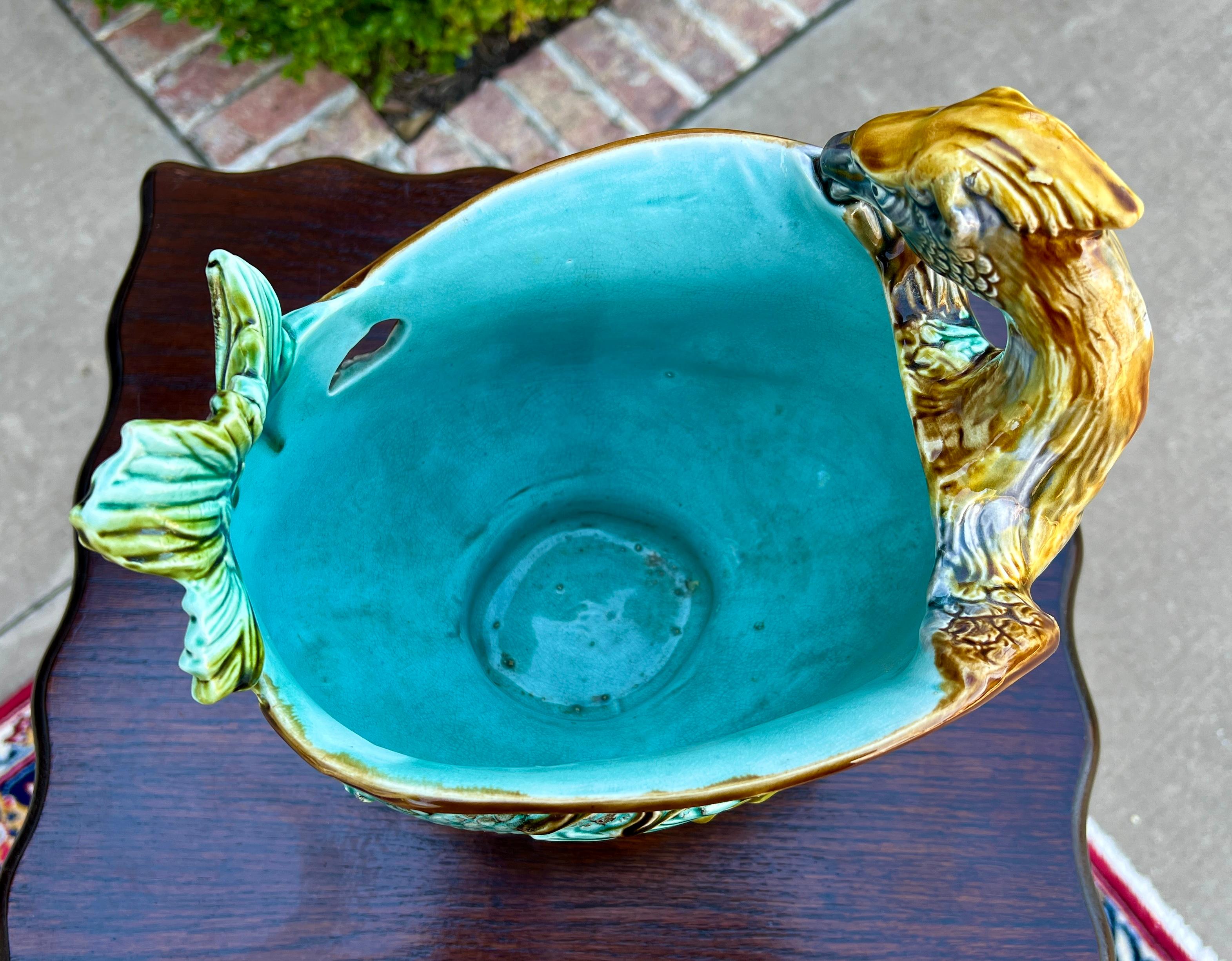 Antique French Majolica Onnaing Cache Pot Planter Bowl Jardiniere Phoenix Bird For Sale 1