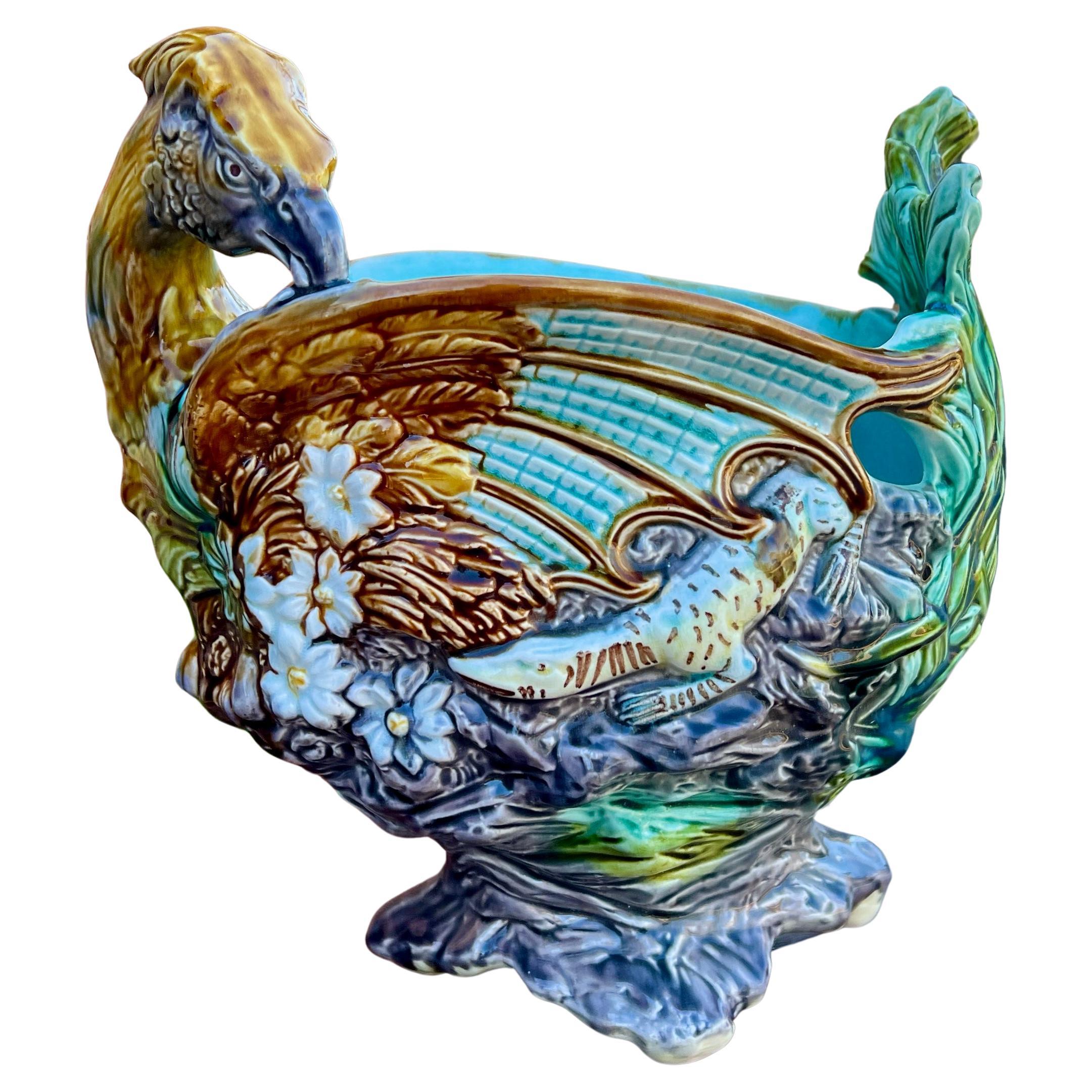 Antique French Majolica Onnaing Cache Pot Planter Bowl Jardiniere Phoenix Bird