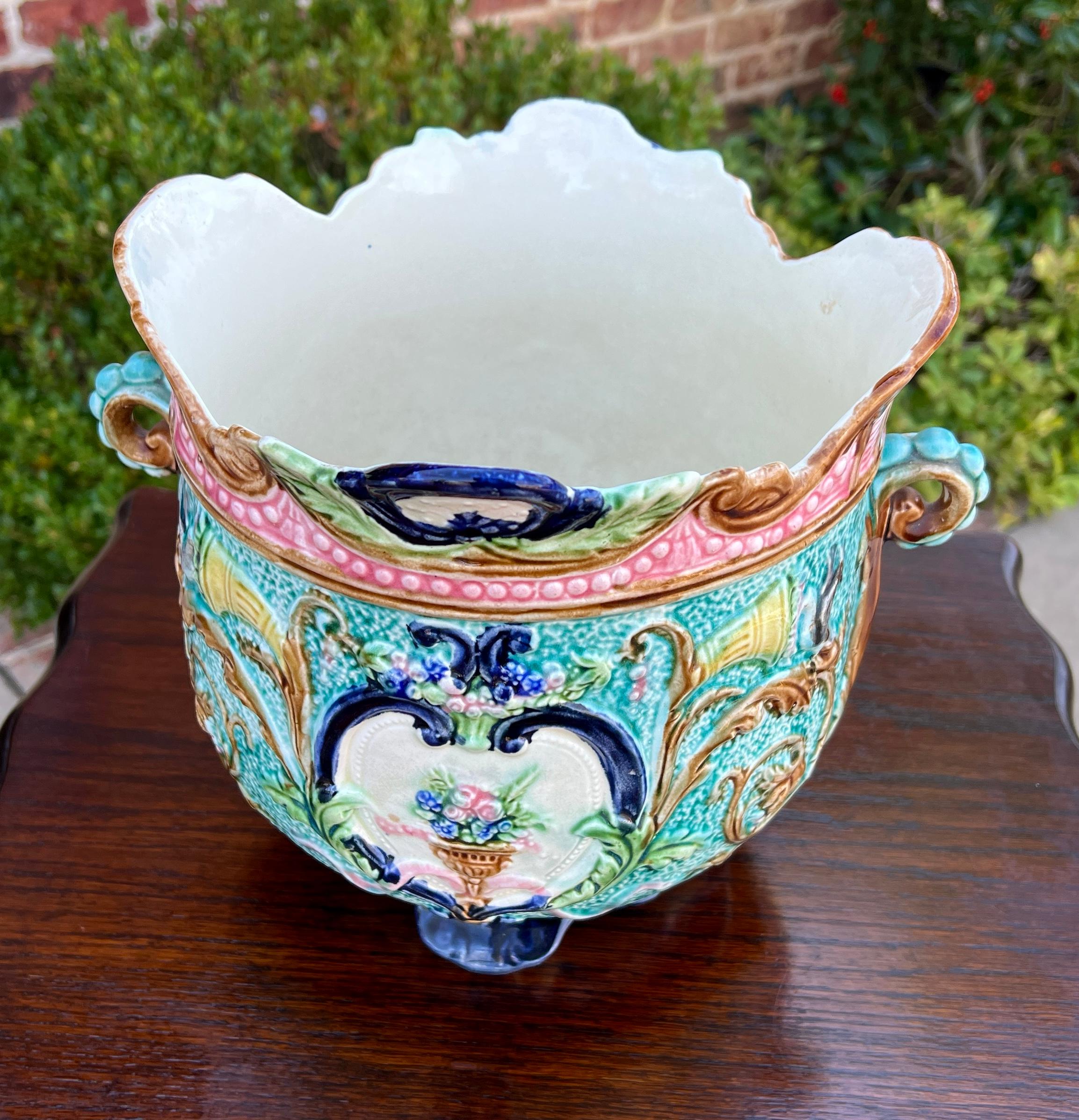 Antique French Majolica Onnaing Cache Pot Planter Bowl Jardiniere Vase Floral 3