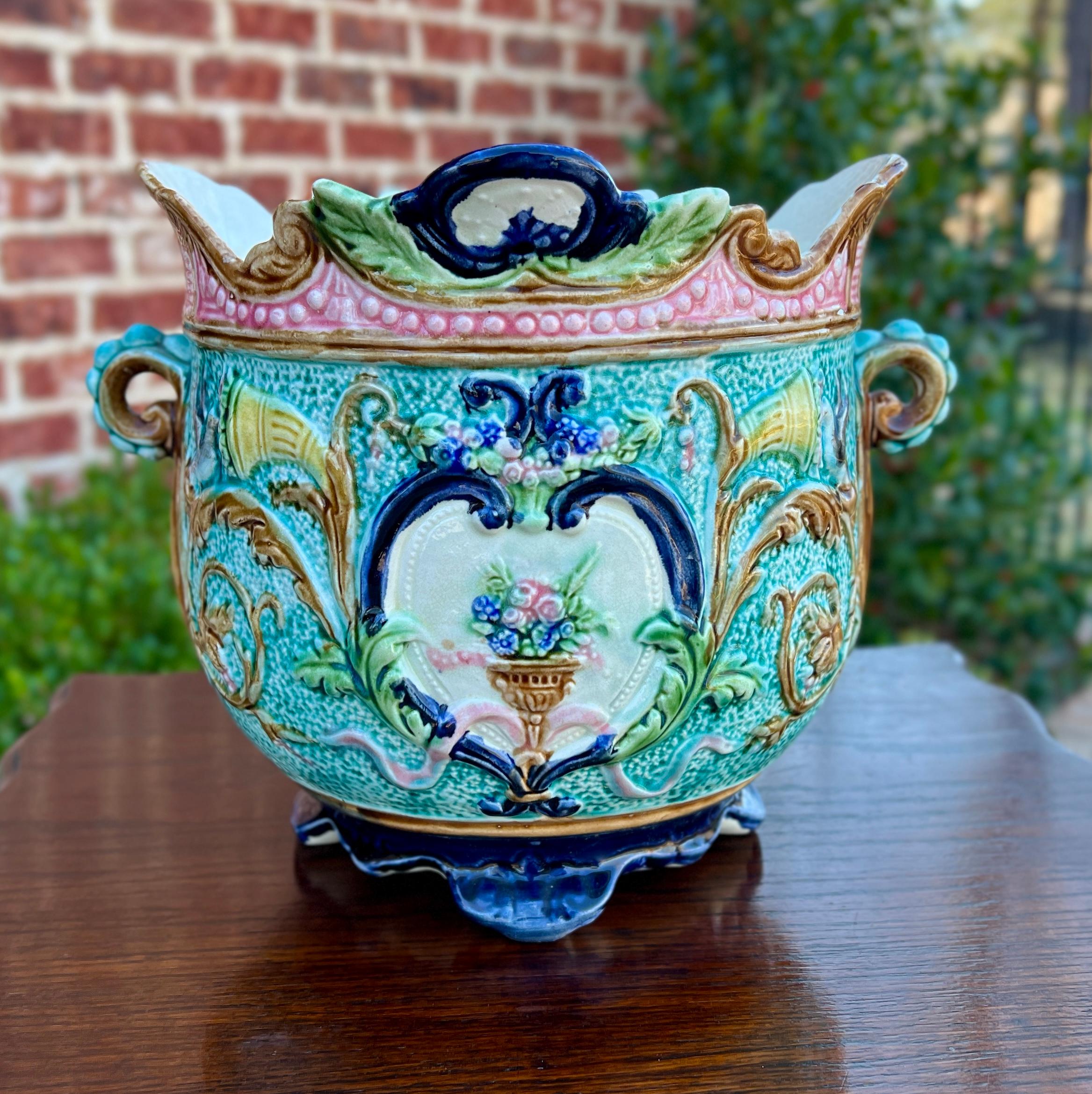 Antique French Majolica Onnaing Cache Pot Planter Bowl Jardiniere Vase Floral 4