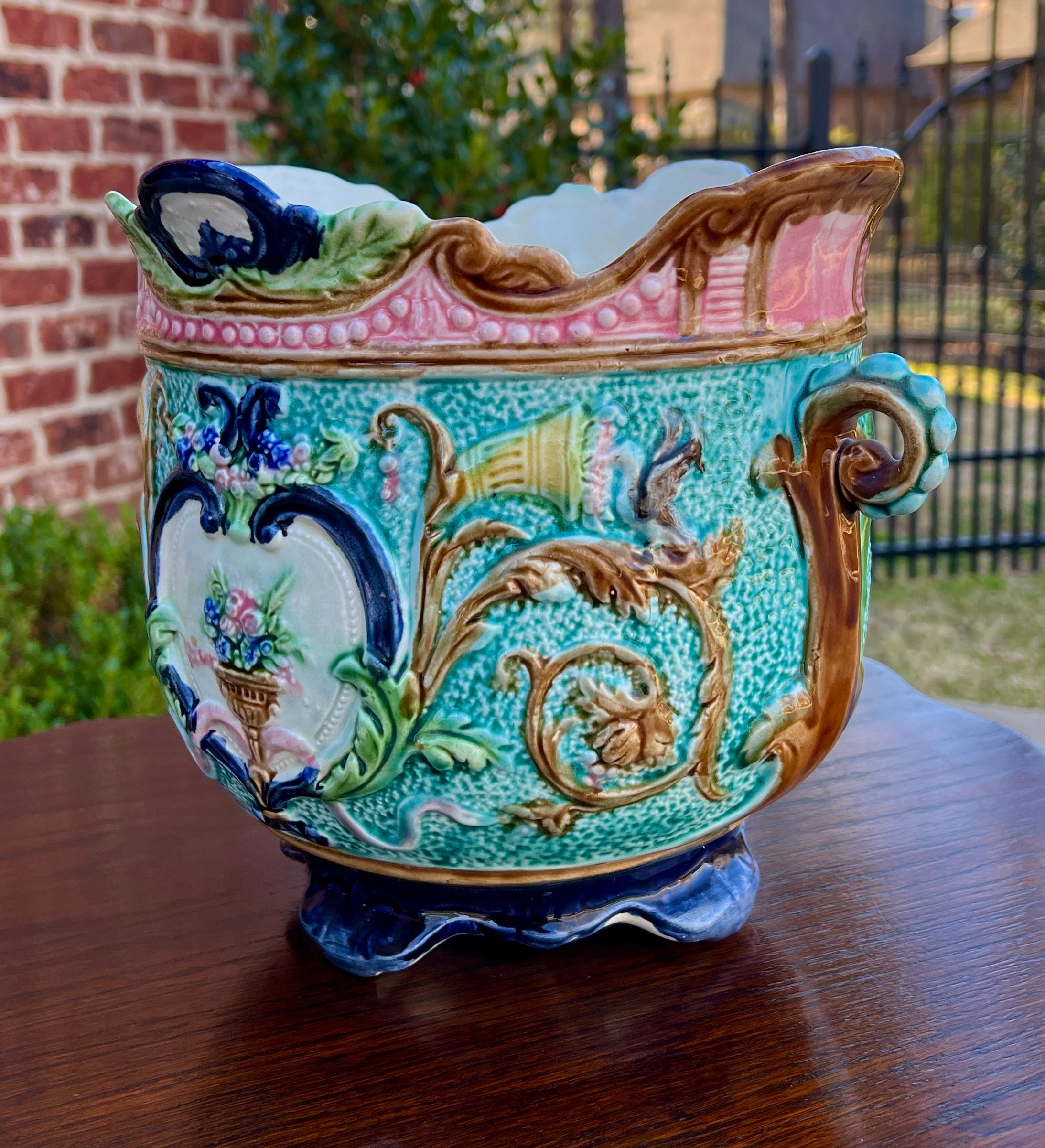 Antique French Majolica Onnaing Cache Pot Planter Bowl Jardiniere Vase Floral 5
