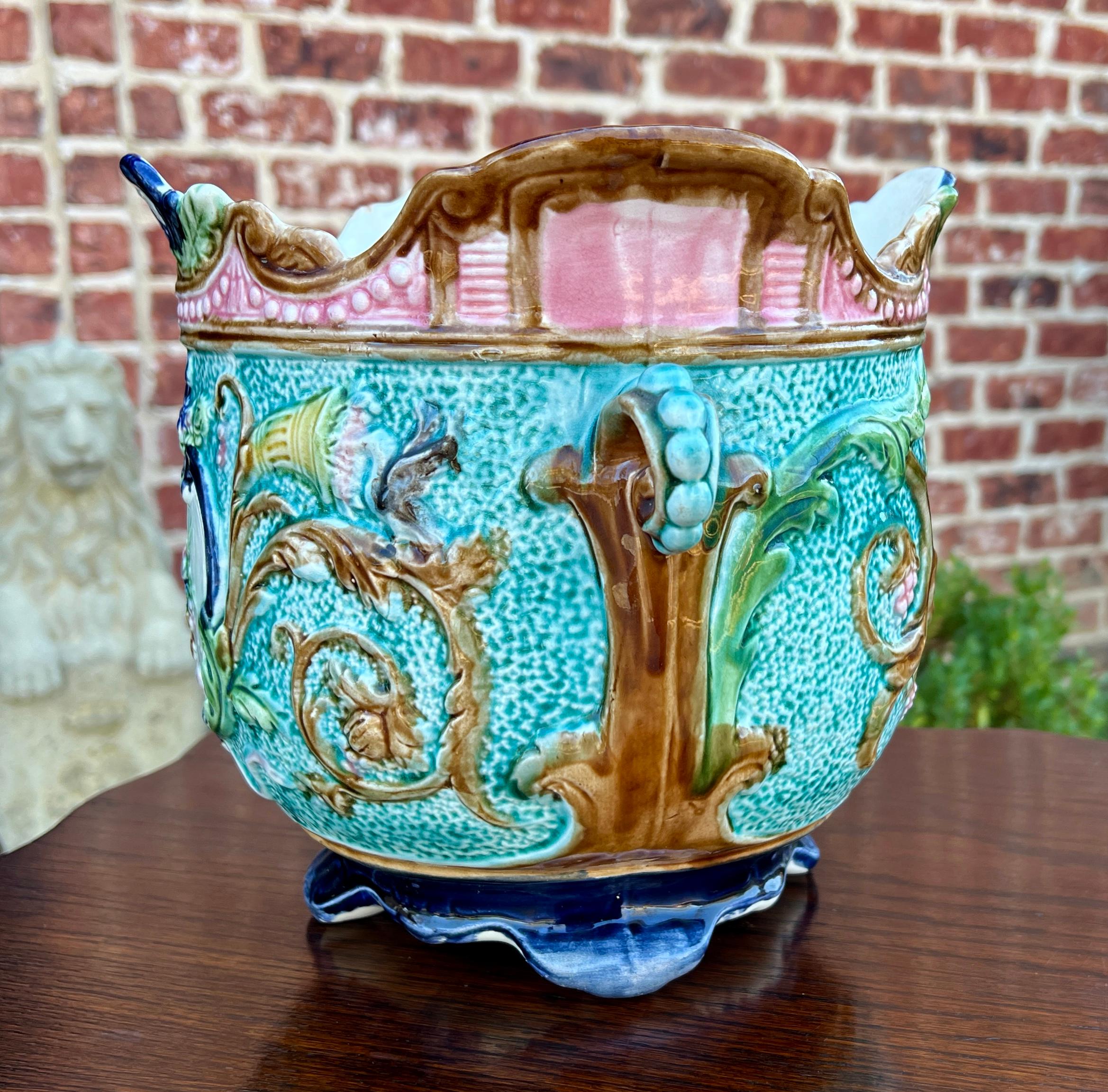 Antique French Majolica Onnaing Cache Pot Planter Bowl Jardiniere Vase Floral 7