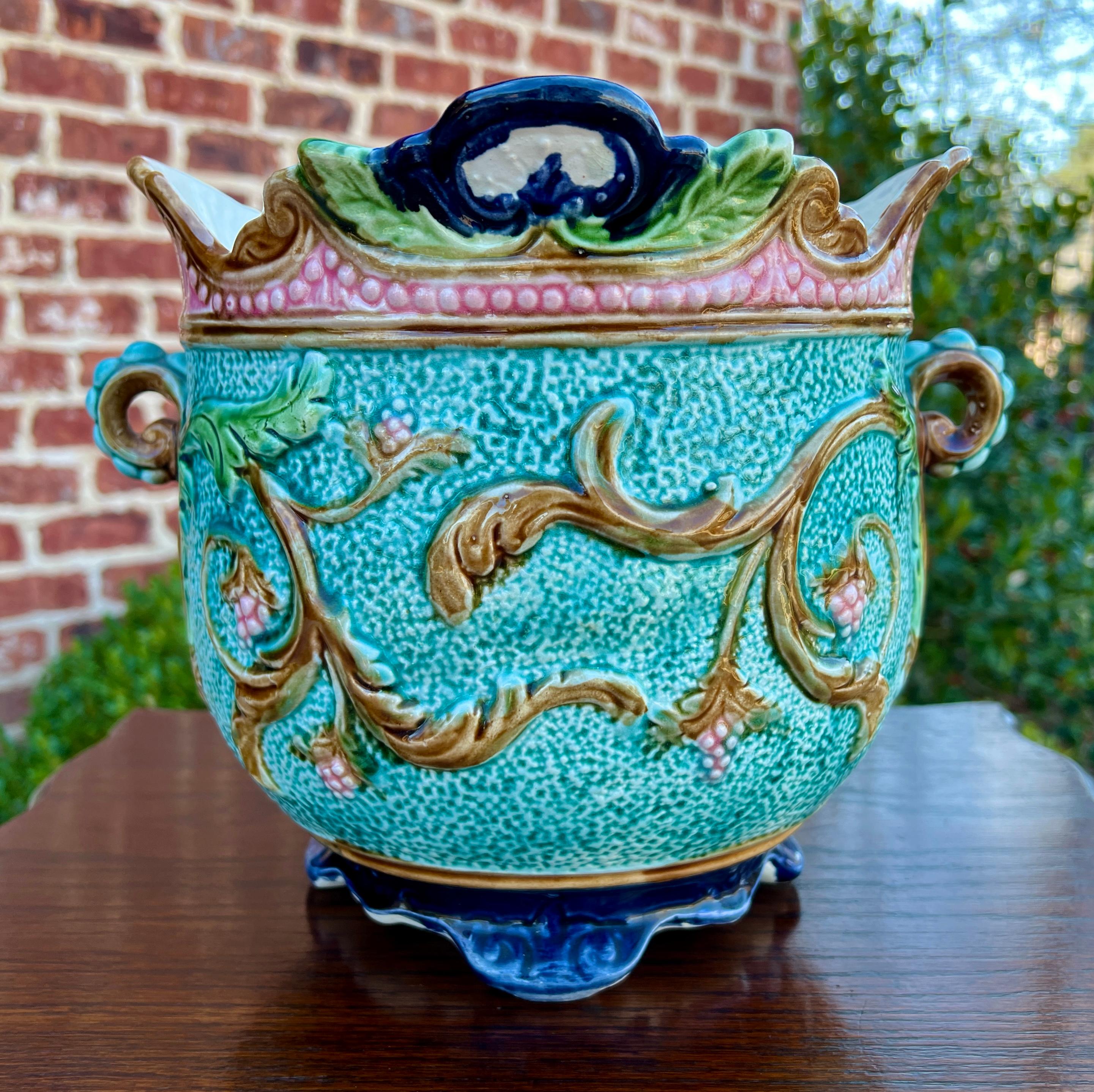 Antique French Majolica Onnaing Cache Pot Planter Bowl Jardiniere Vase Floral 11