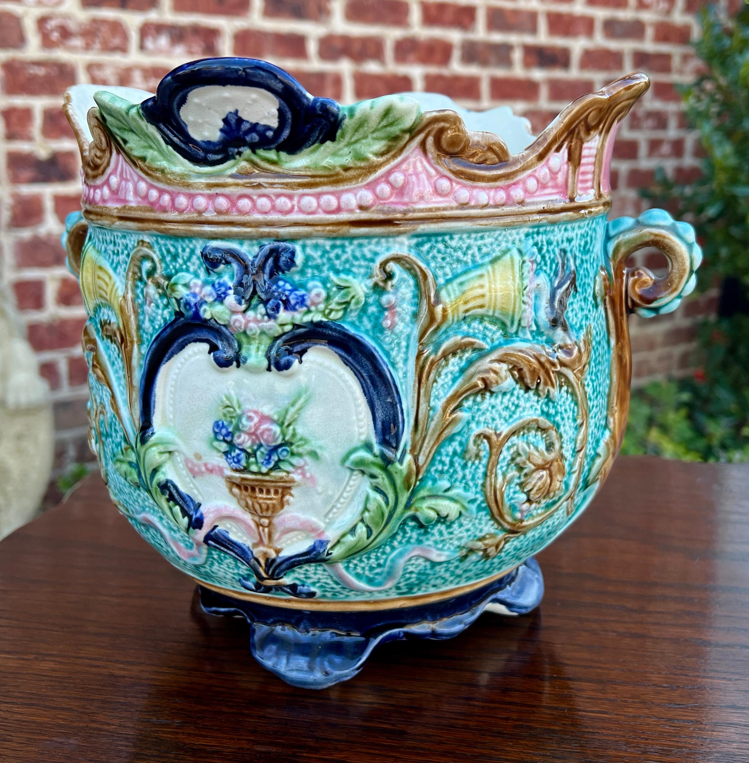 STUNNING ~~Antique French Onnaing Majolica Cache Pot, Planter, Jardiniere, Flower Pot, Bowl or Vase with Floral Design and Urn~~c. 1890s

Authentic French majolica planter or cache pot~~vibrant colors of deep blue, turquoise, pink, green, yellow and