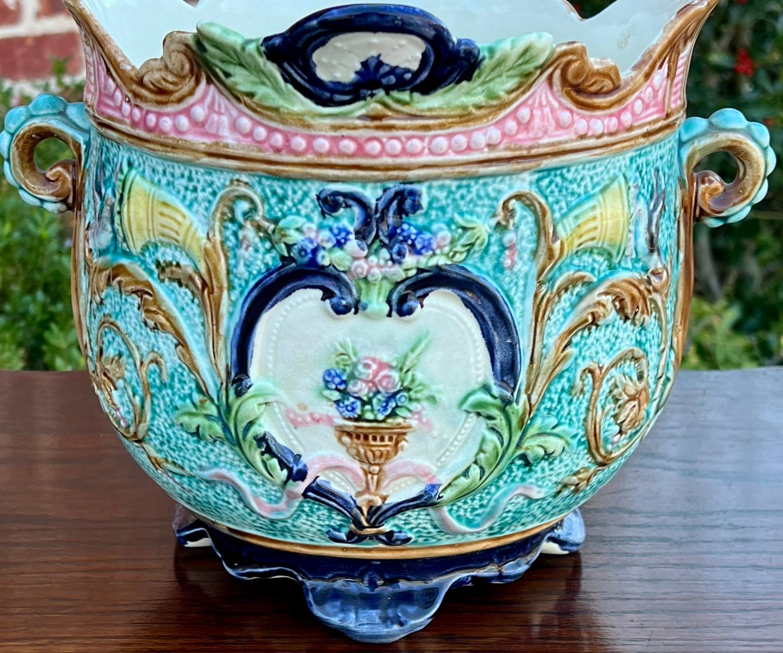 Victorian Antique French Majolica Onnaing Cache Pot Planter Bowl Jardiniere Vase Floral