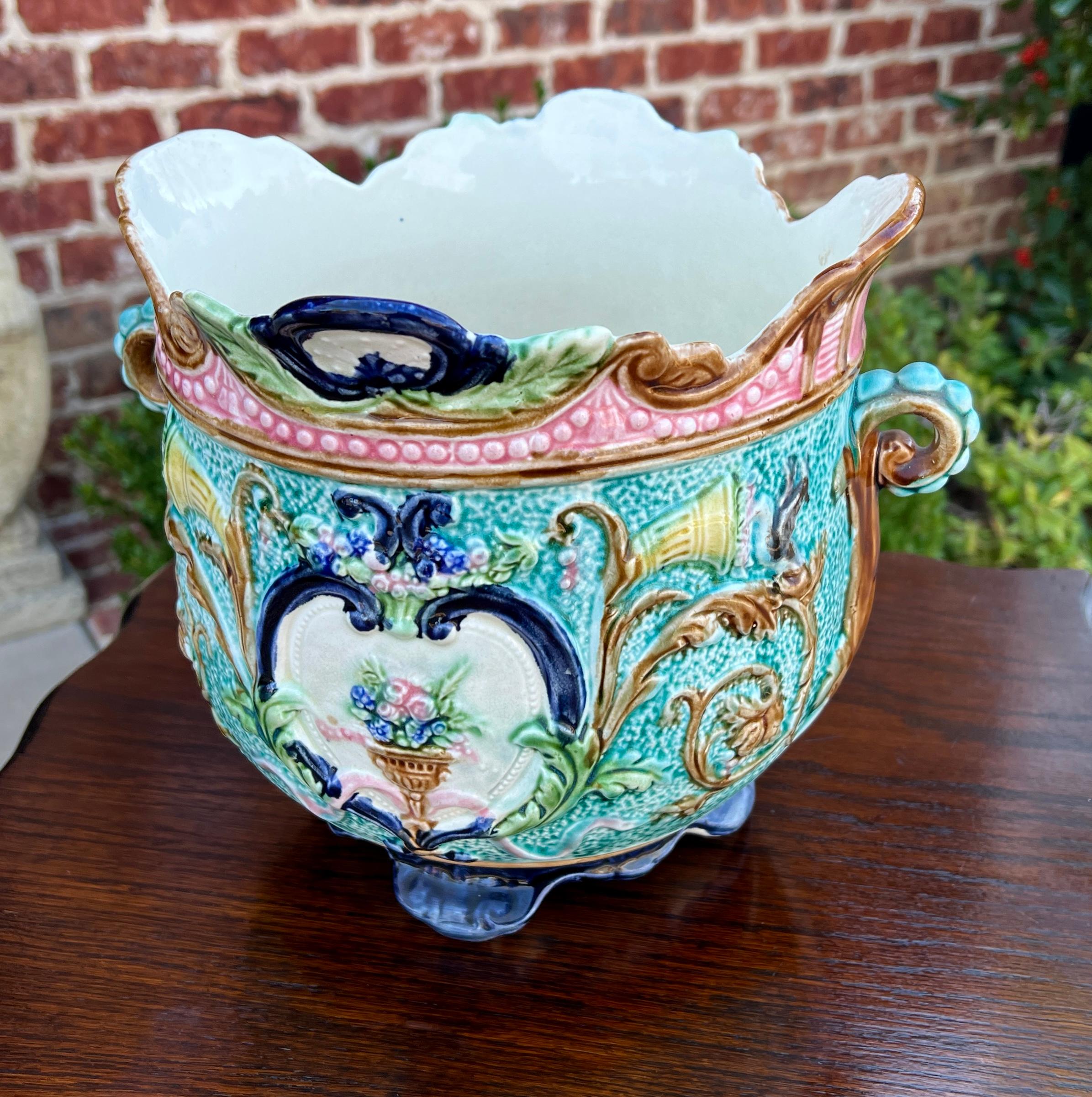 Antique French Majolica Onnaing Cache Pot Planter Bowl Jardiniere Vase Floral 1