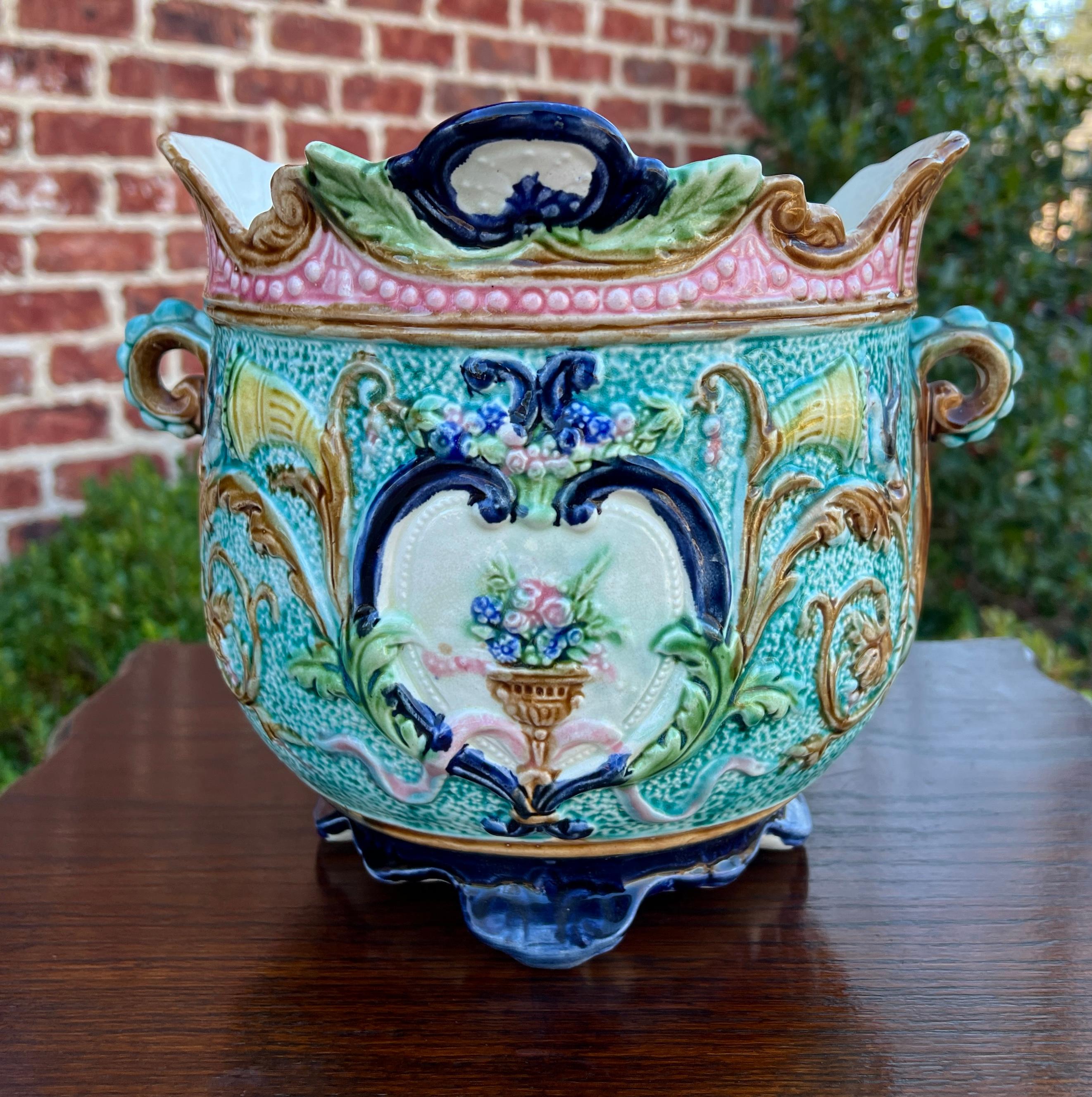 Antique French Majolica Onnaing Cache Pot Planter Bowl Jardiniere Vase Floral 2