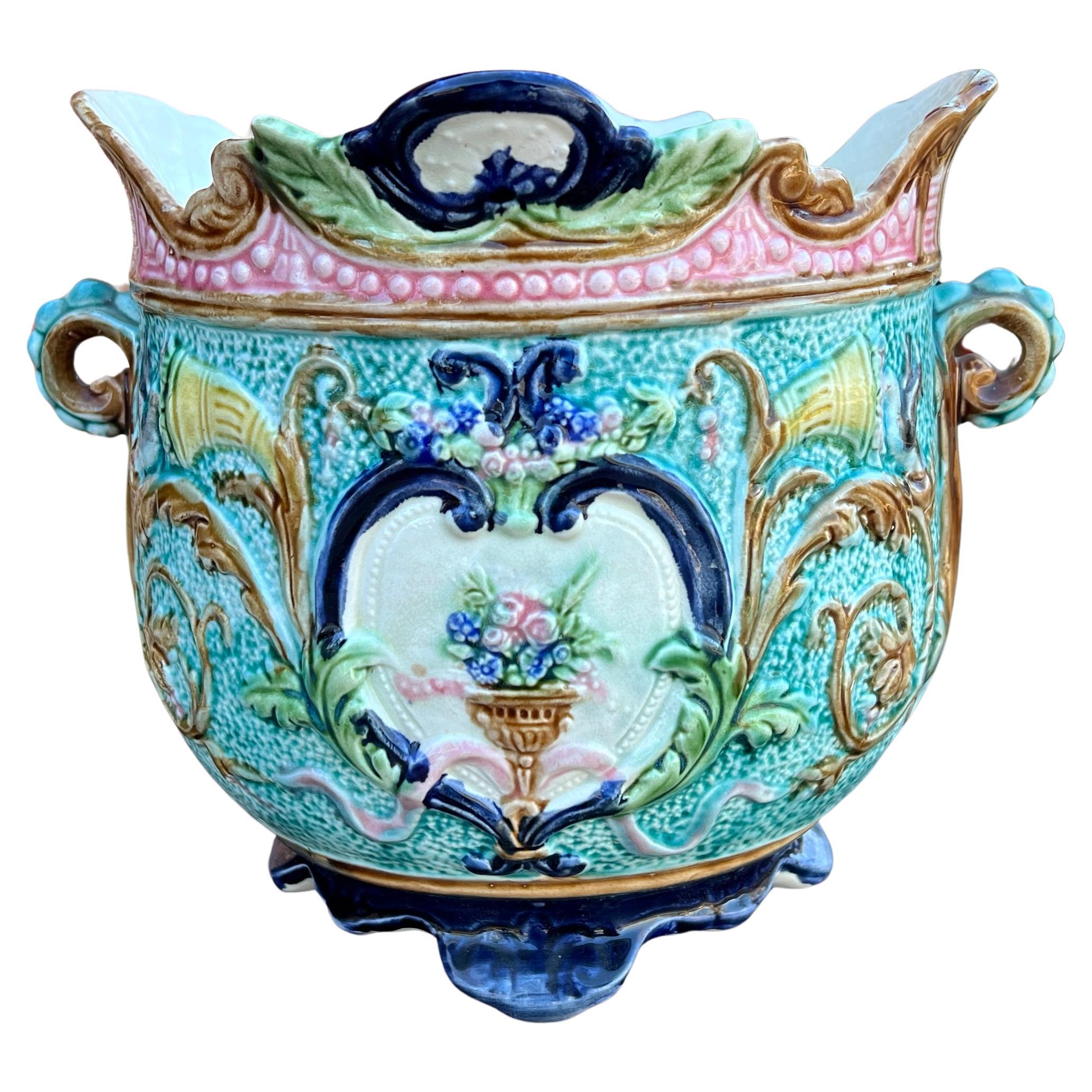 Antique French Majolica Onnaing Cache Pot Planter Bowl Jardiniere Vase Floral