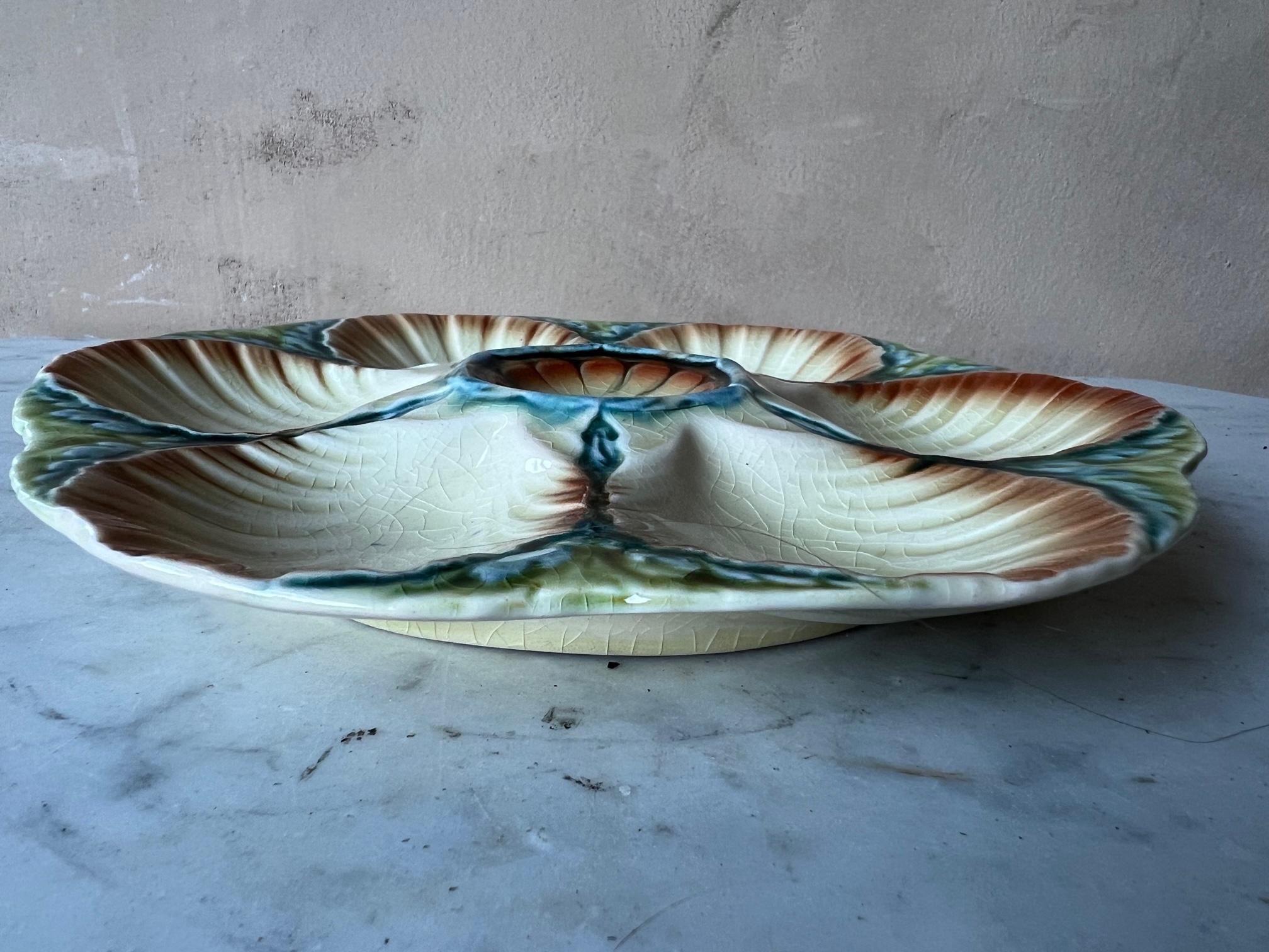 Hand-Painted Antique French Majolica Oyster Plate by Sarreguemines