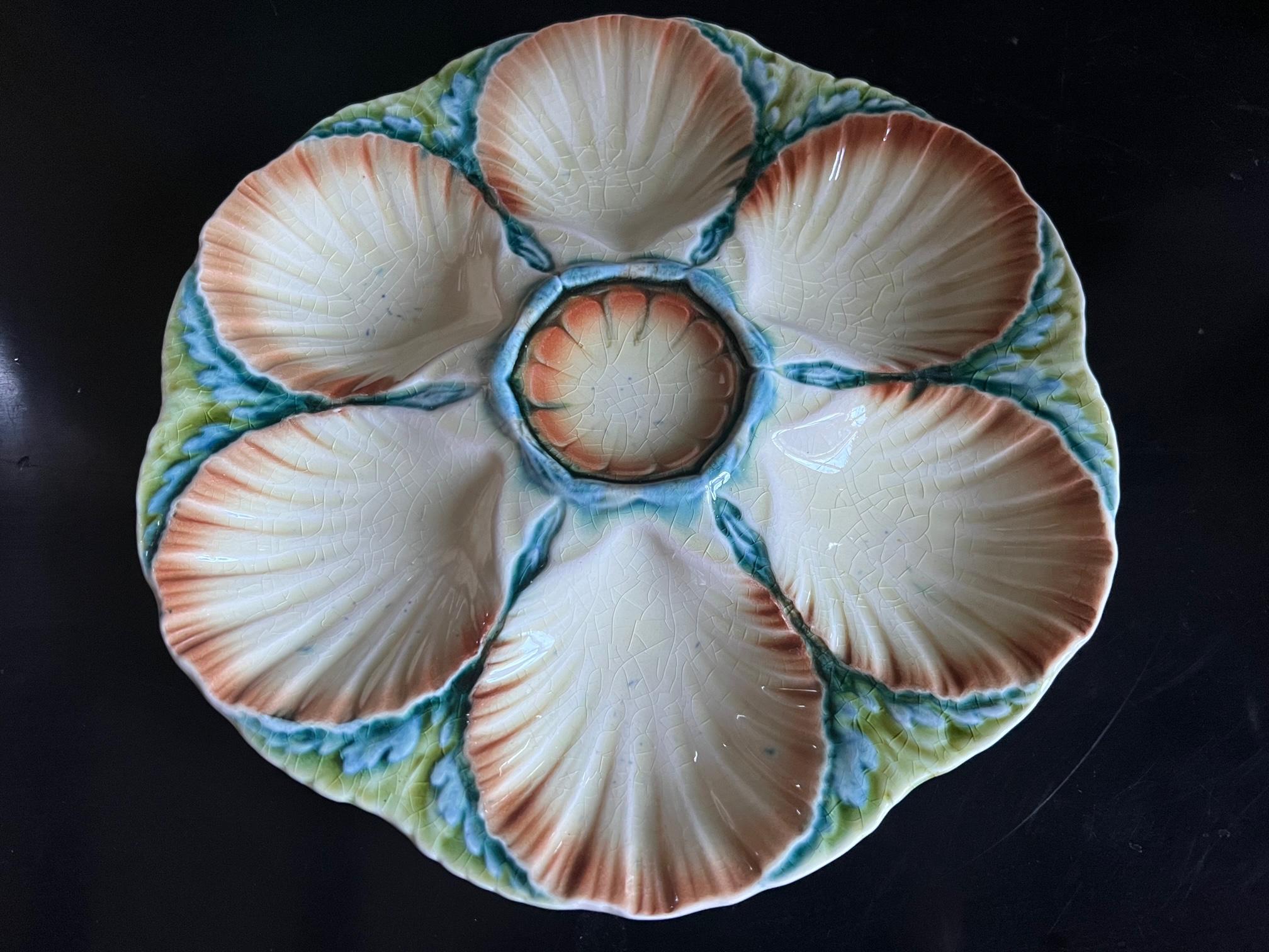Ceramic Antique French Majolica Oyster Plate by Sarreguemines