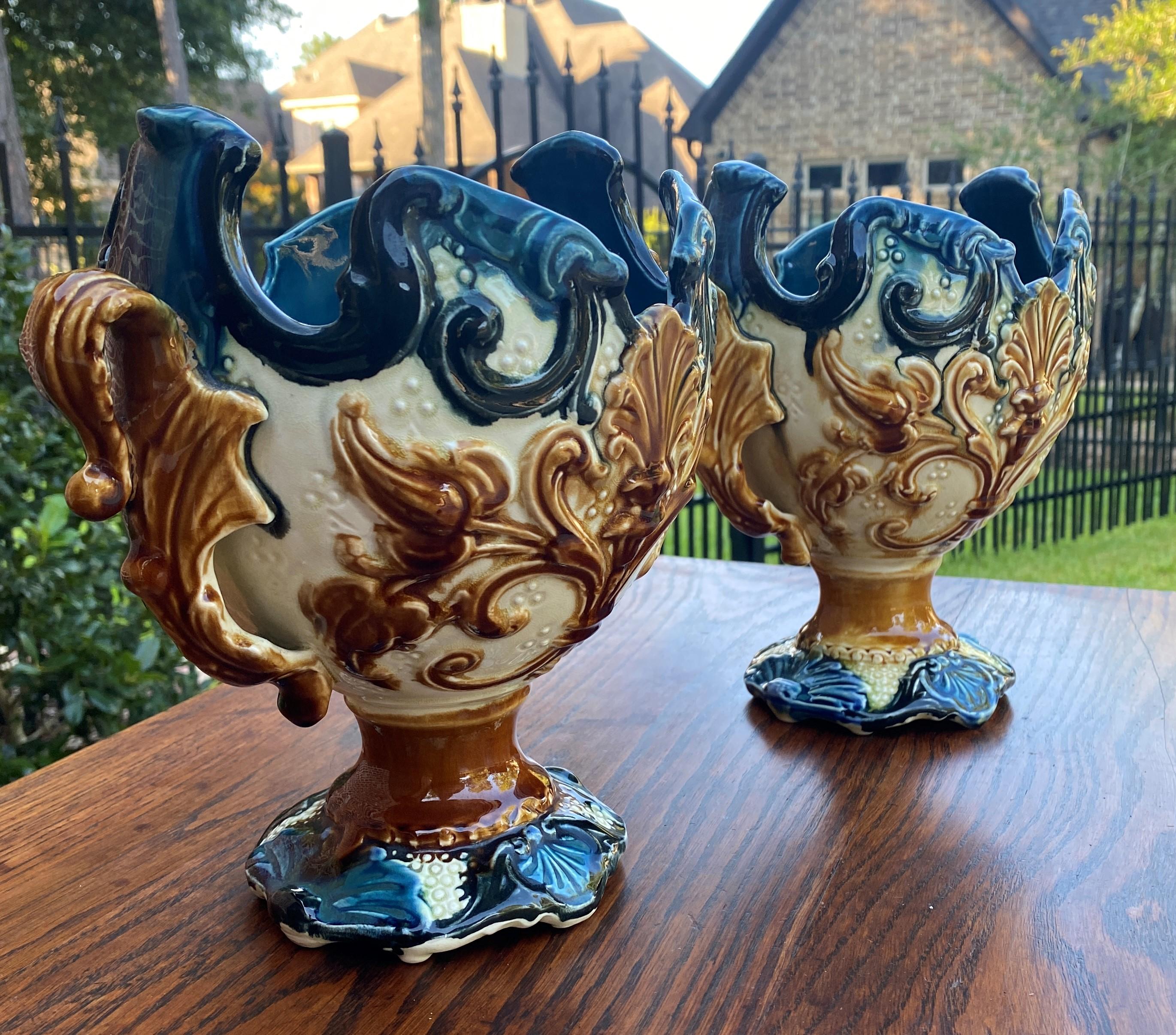 Fired Antique French Majolica Pair Cache Pot Planter Flower Pot Jardiniere Vase c 1900 For Sale