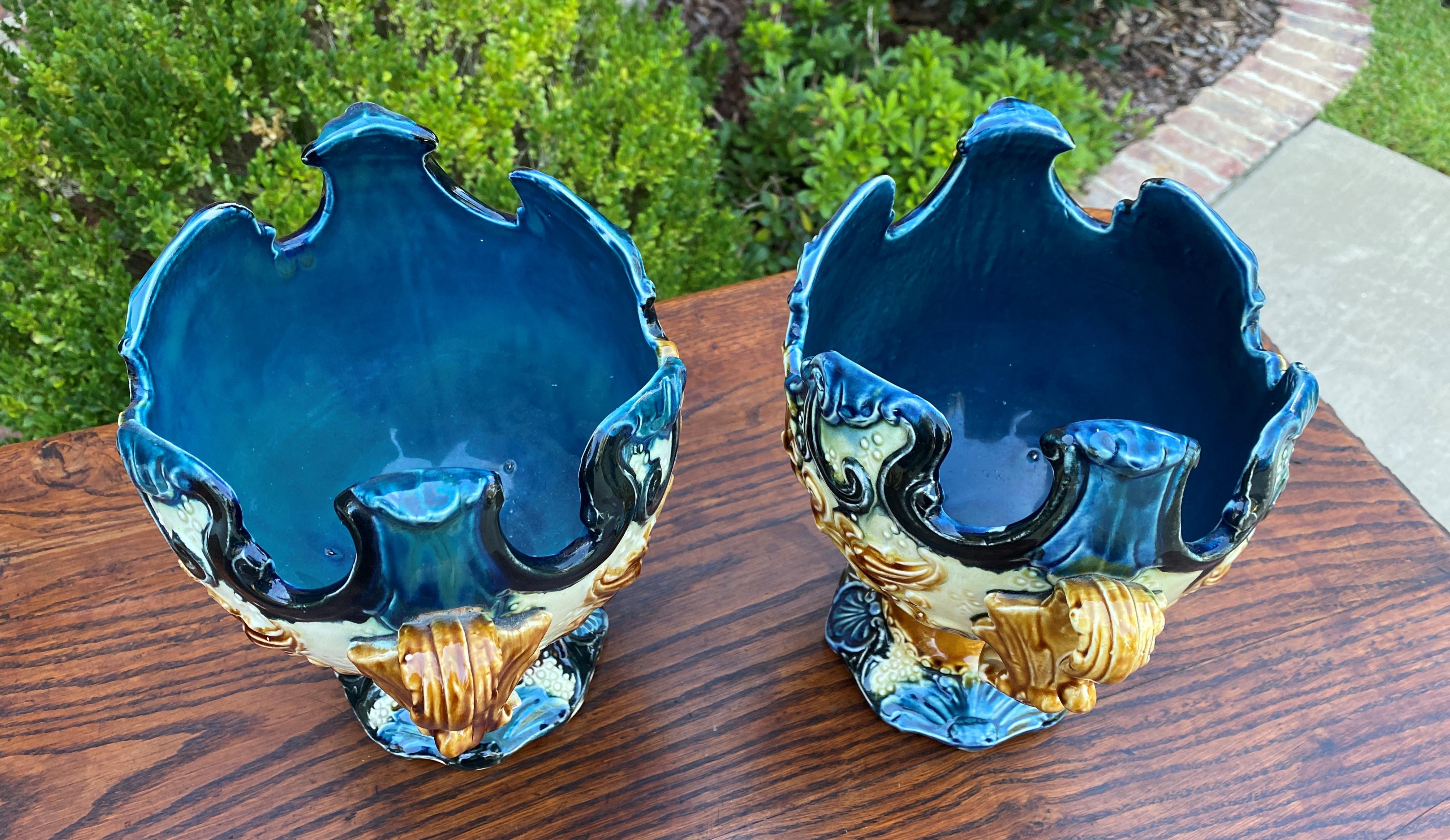 Early 20th Century Antique French Majolica Pair Cache Pot Planter Flower Pot Jardiniere Vase c 1900 For Sale