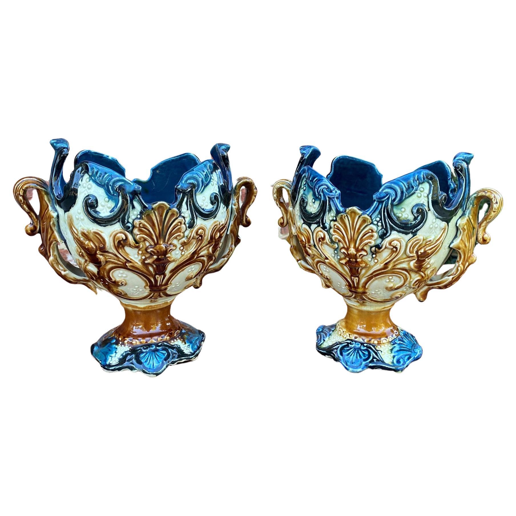 Antike Französisch Majolika Paar Cache Topf Pflanzer Blumentopf Jardiniere Vase c 1900 im Angebot