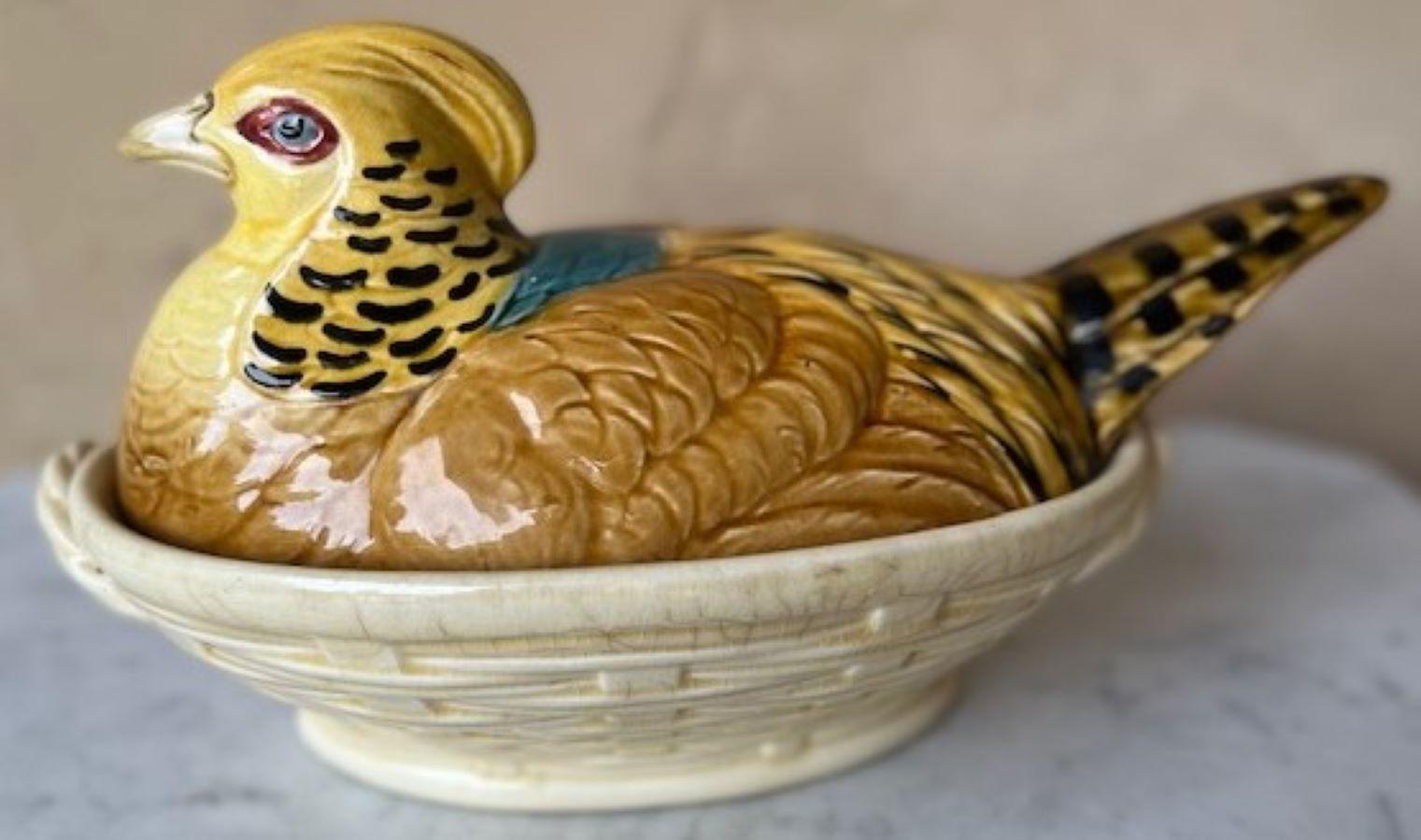 French Provincial Antique French Majolica Pheasant/Hen Tureen by Sarreguemines