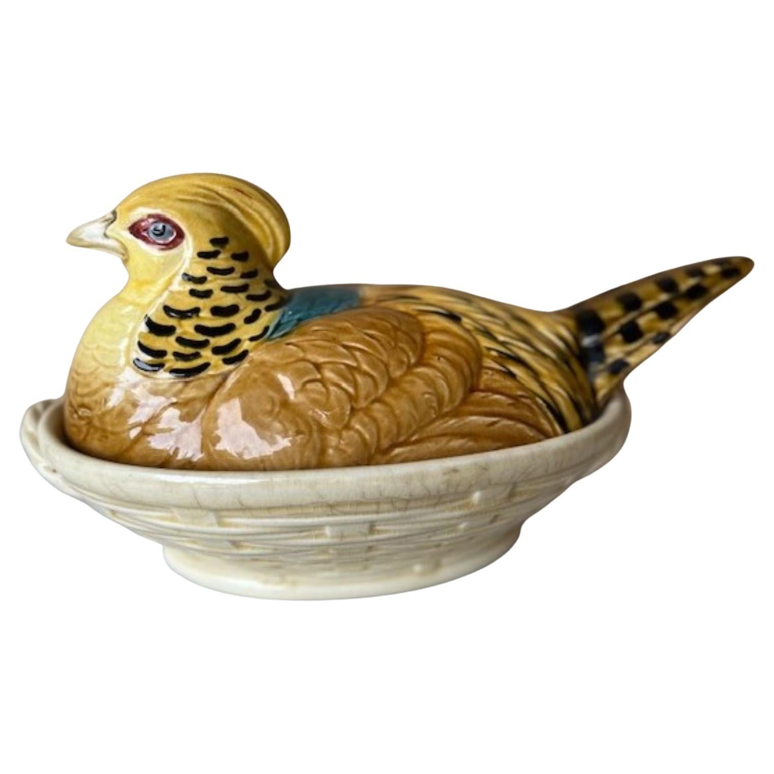Antique French Majolica Pheasant/Hen Tureen by Sarreguemines