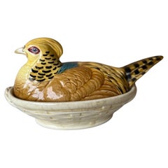 Antique French Majolica Pheasant/Hen Tureen by Sarreguemines