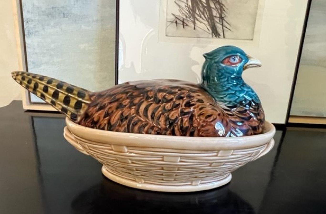 Hand-Painted Antique French Majolica Pheasant Tureen by Sarreguemines