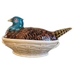 Antique French Majolica Pheasant Tureen by Sarreguemines