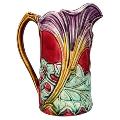 Antique French Majolica Pitcher by Frie Onnaing, Art Nouveau, c. 1900