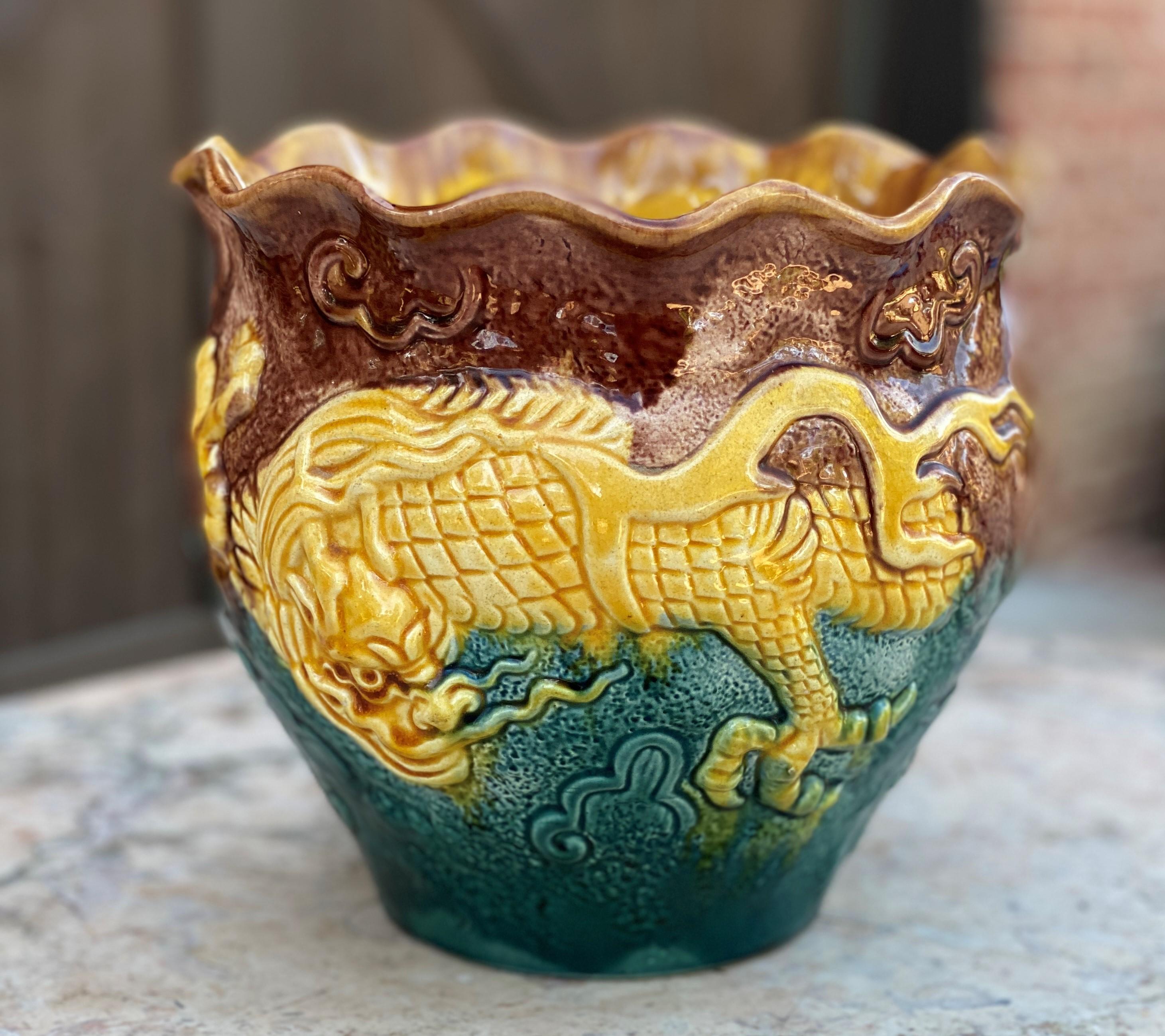 Gorgeous Antique French Majolica Cache Pot, Planter, Jardiniere, Flower Pot or Vase~~Art Nouveau~~c. 1900

Authentic French Majolica planter or cache pot~~vibrant colors of brown, gold, and green with dragon accents and a pumpkin color glazed