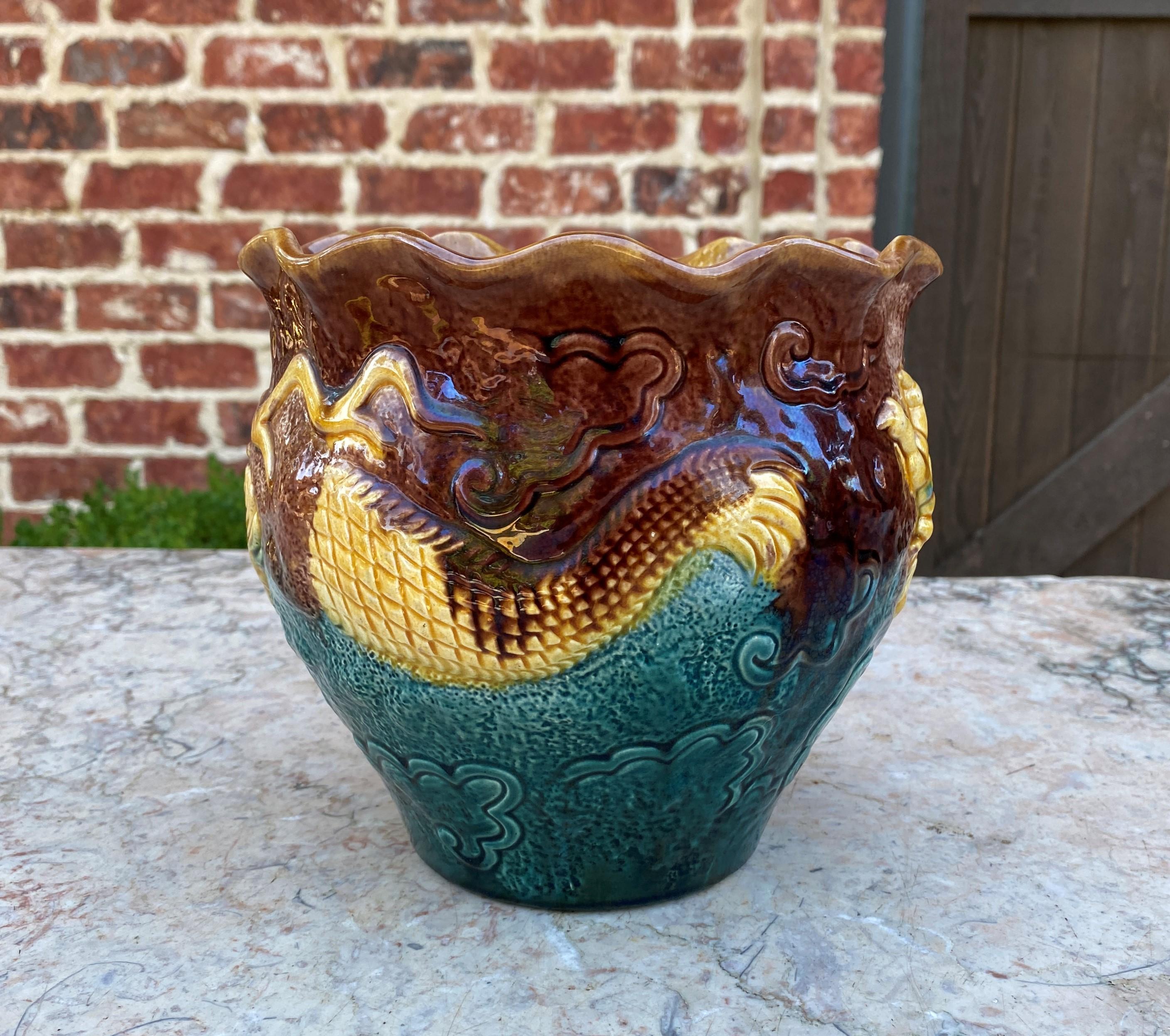 Early 20th Century Antique French Majolica Planter Cache Pot Jardiniere Brown Green Gold Dragons