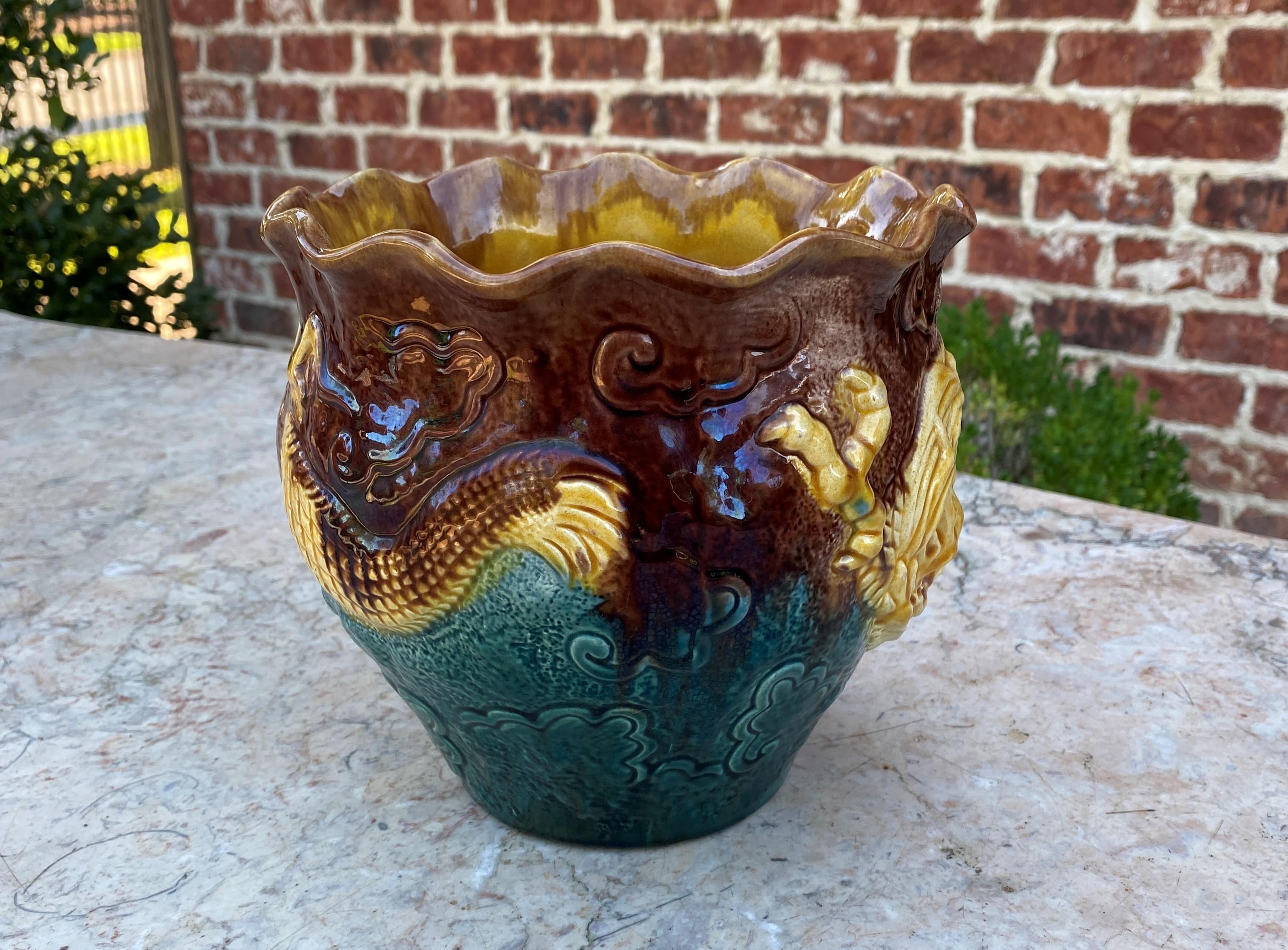 Pottery Antique French Majolica Planter Cache Pot Jardiniere Brown Green Gold Dragons